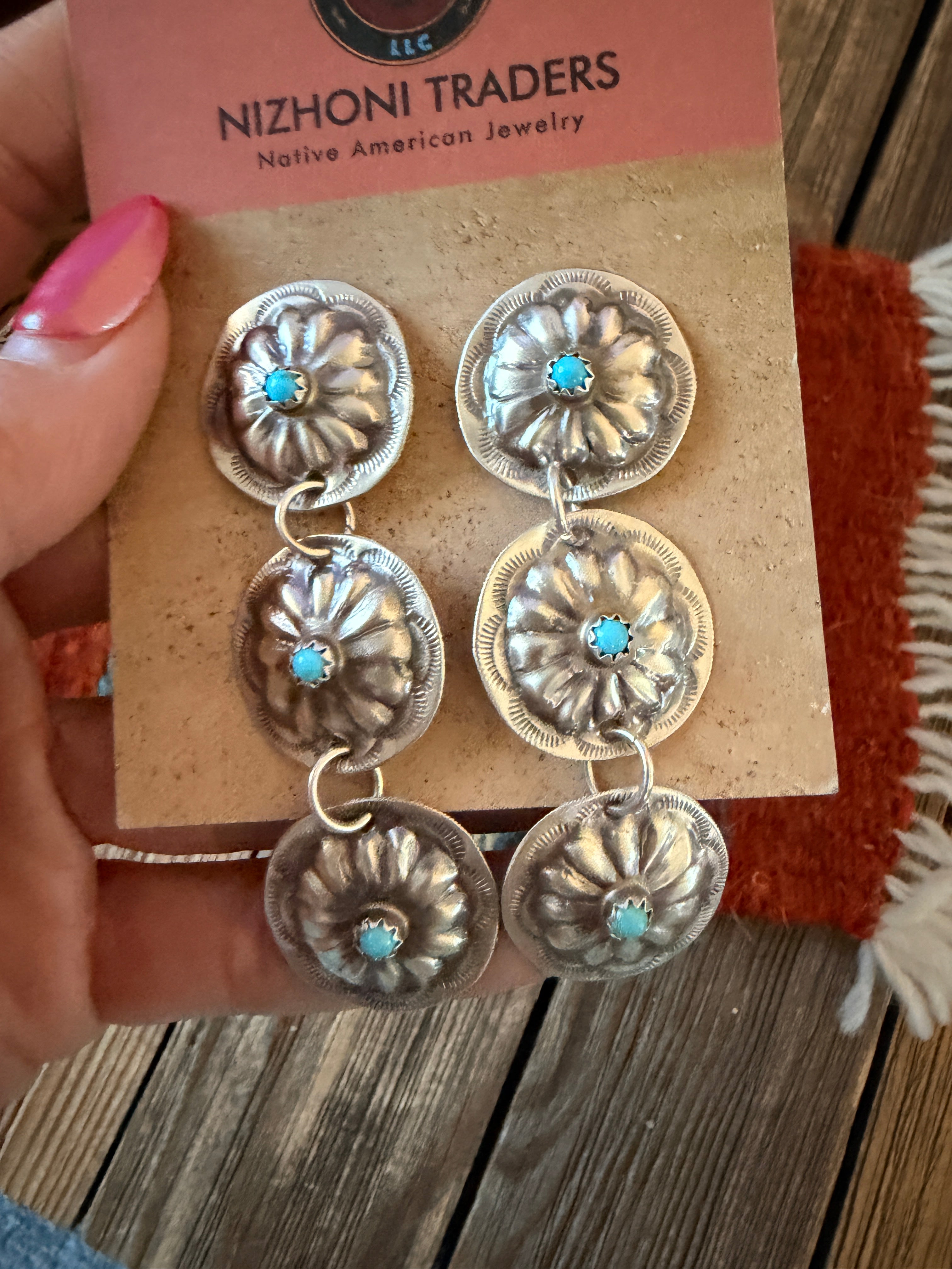 Handcrafted Turquoise & Sterling Silver Concho Dangle Earrings