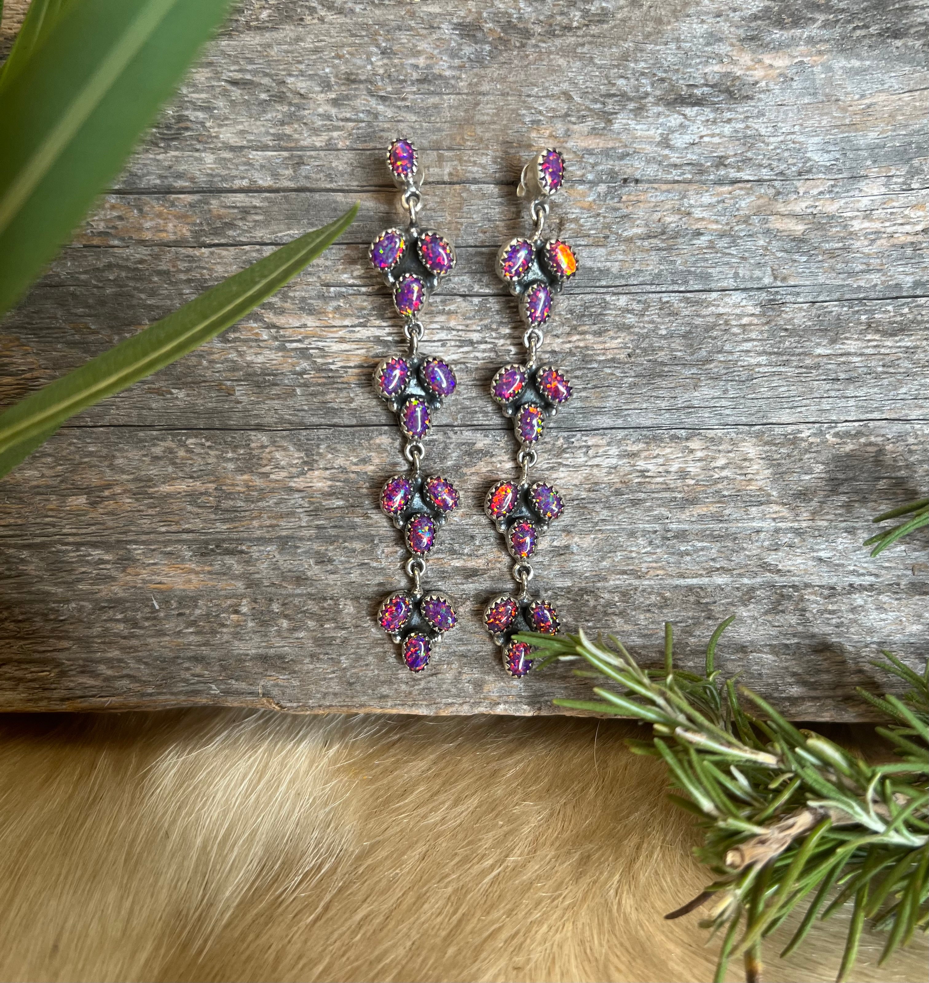 Handmade Purple Fire Opal Sterling Silver Dangle Earrings