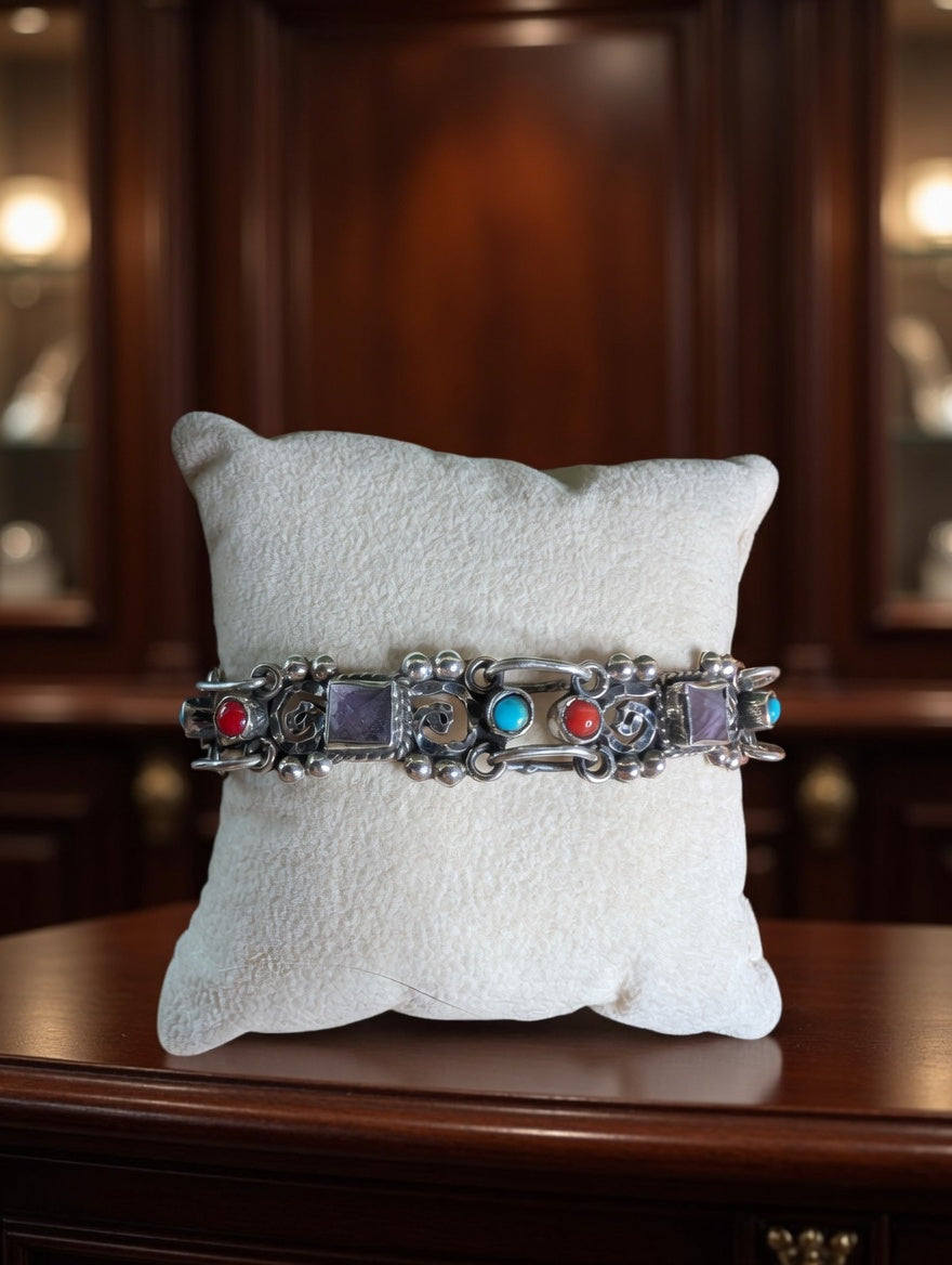 Turquoise, Amethyst, and Coral Intricate Sterling Silver Bracelet