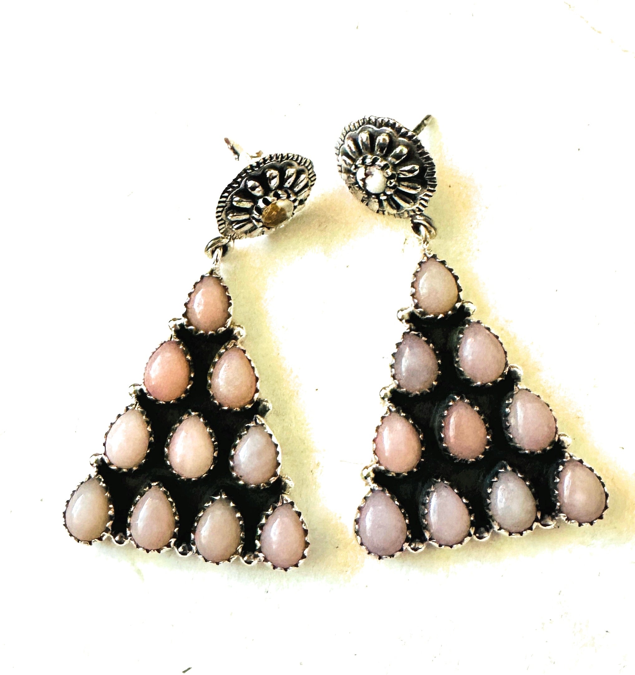 Handmade Pink Opal & Sterling Silver Triangle Dangle Earrings Signed Nizhoni