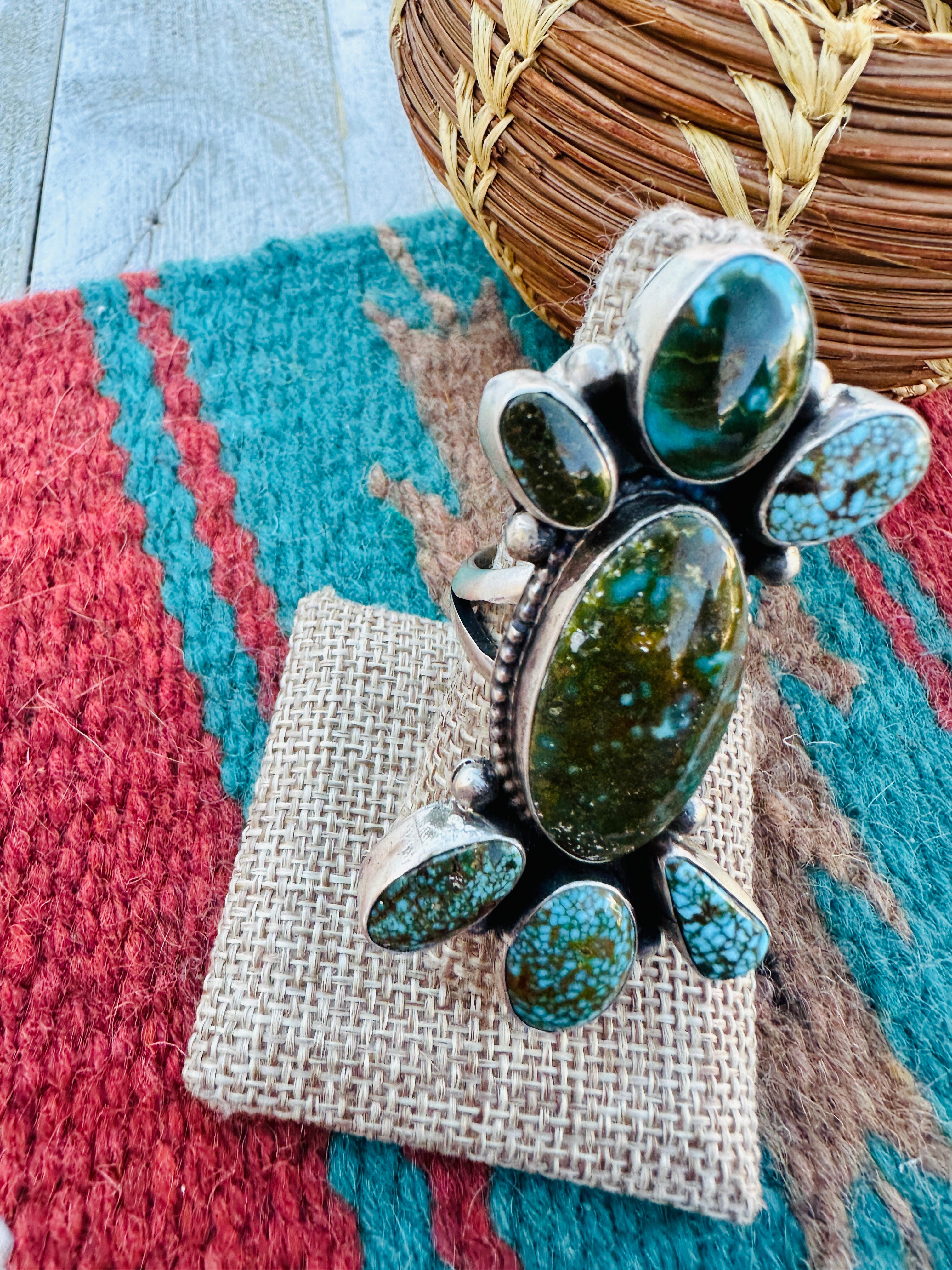 Hand Crafted Turquoise & Sterling Silver Ring Size 8.5 by Ella Peter