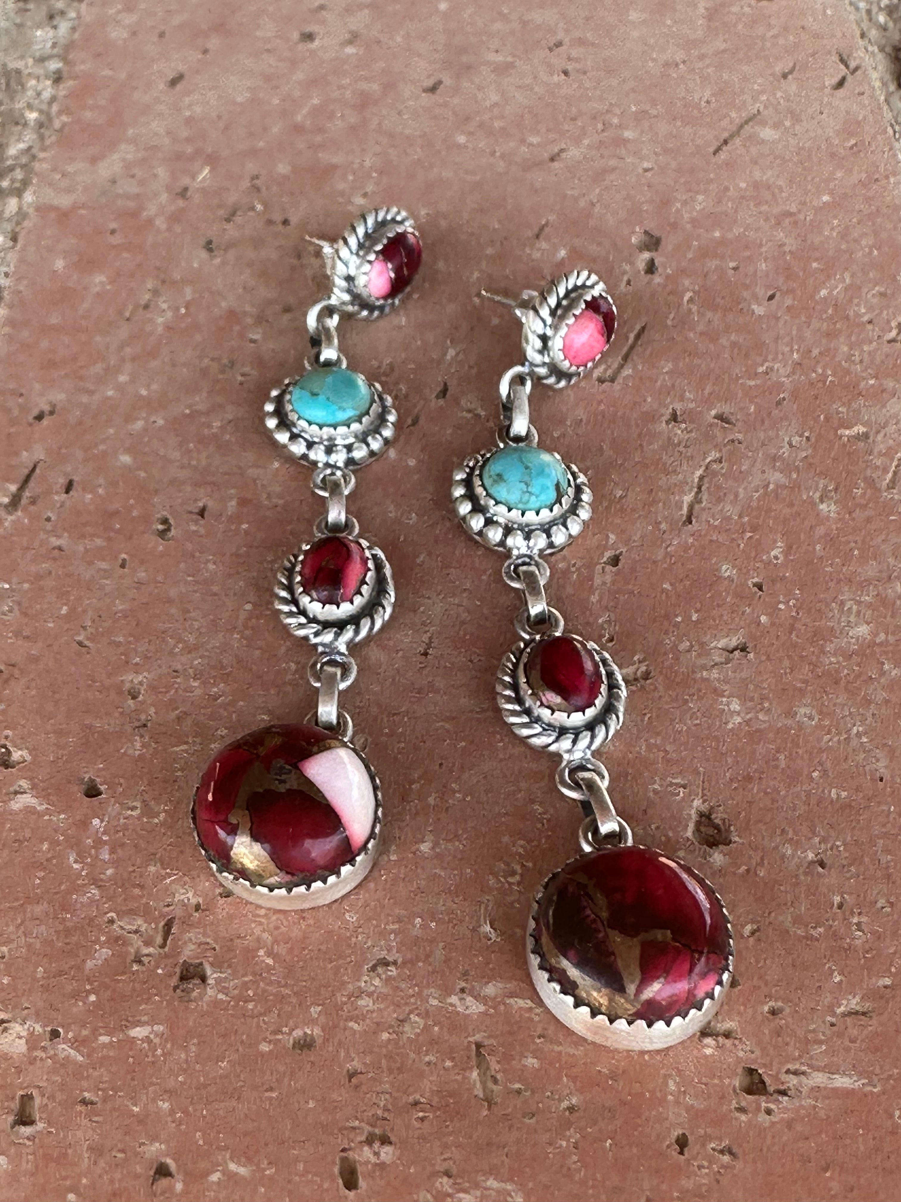 Dahlia Rose & Turquoise Handmade Sterling Silver 4 Stone Dangles