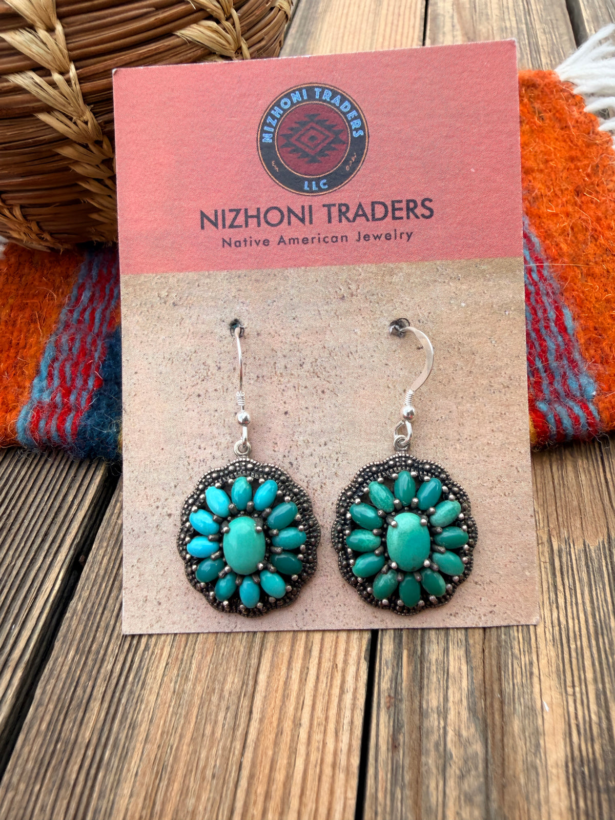 Old Pawn Handmade Sterling Silver & Turquoise Cluster Dangle Earrings