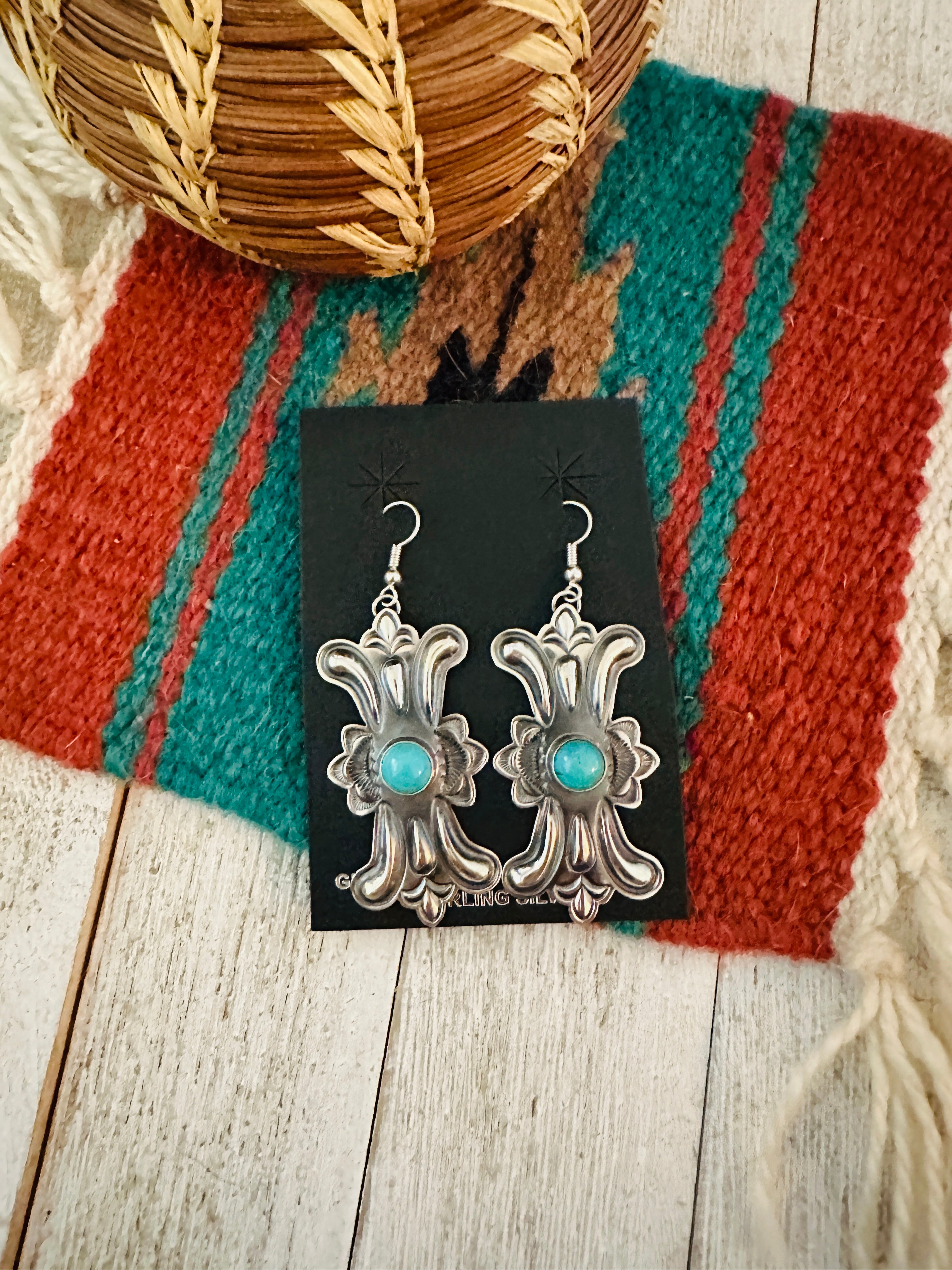 Navajo Hand Stamped Sterling Silver & Turquoise Concho Dangle Earrings