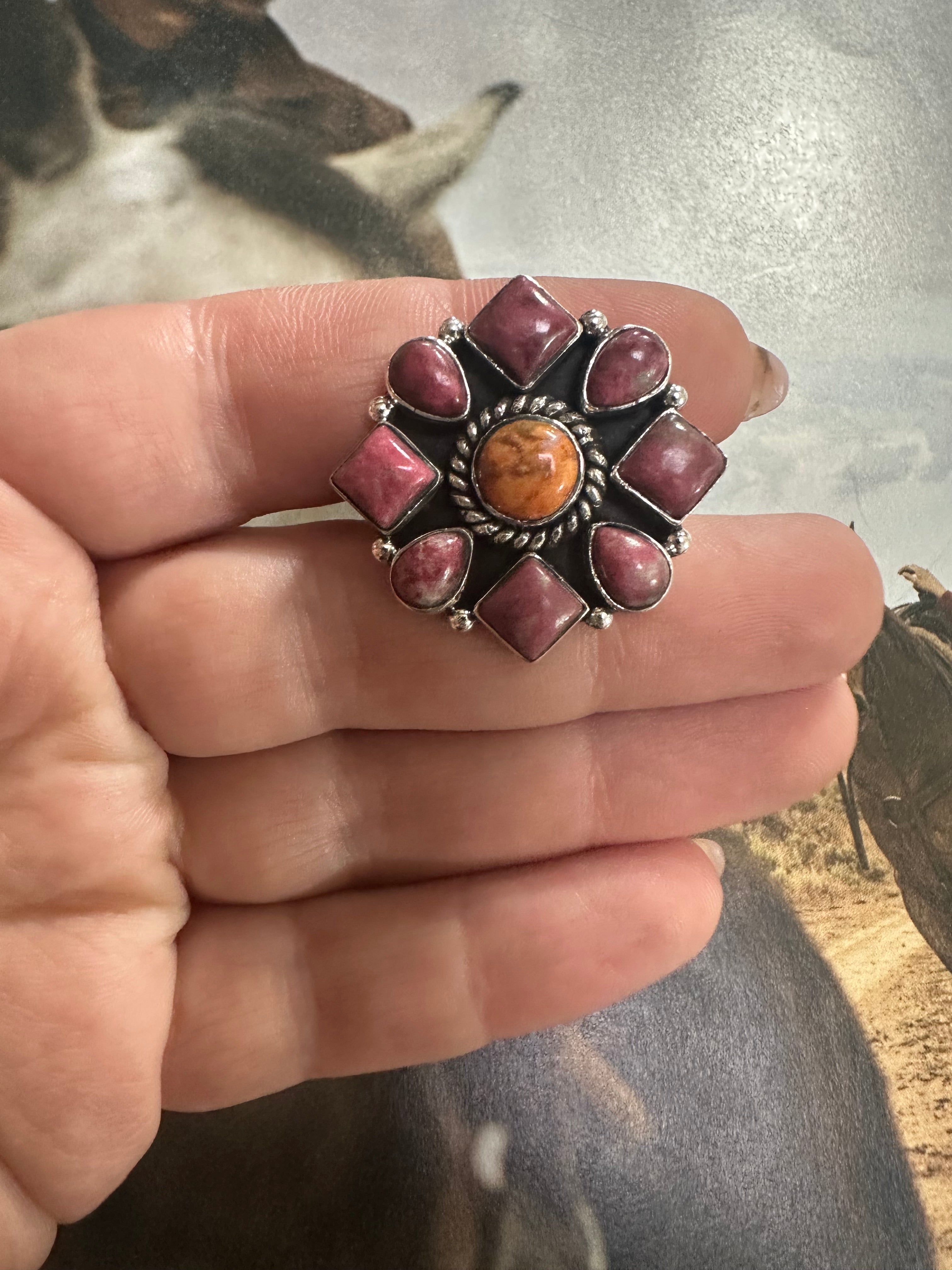 Handmade Rhodonite, Orange Mojave And Sterling Silver Adjustable Ring