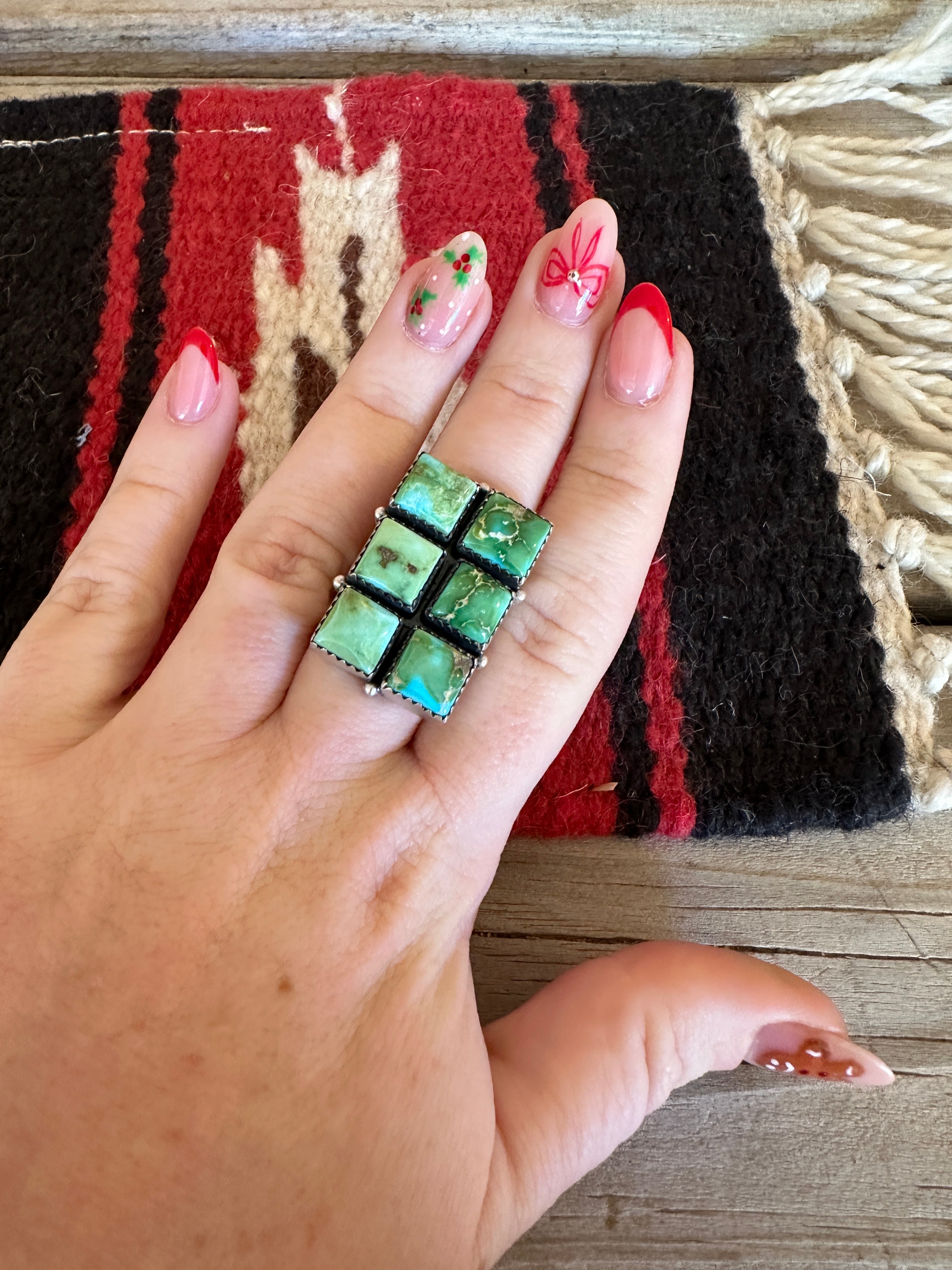 Beautiful Handmade Sonoran Mountain Turquoise And Sterling Silver Adjustable 6 Stone Ring