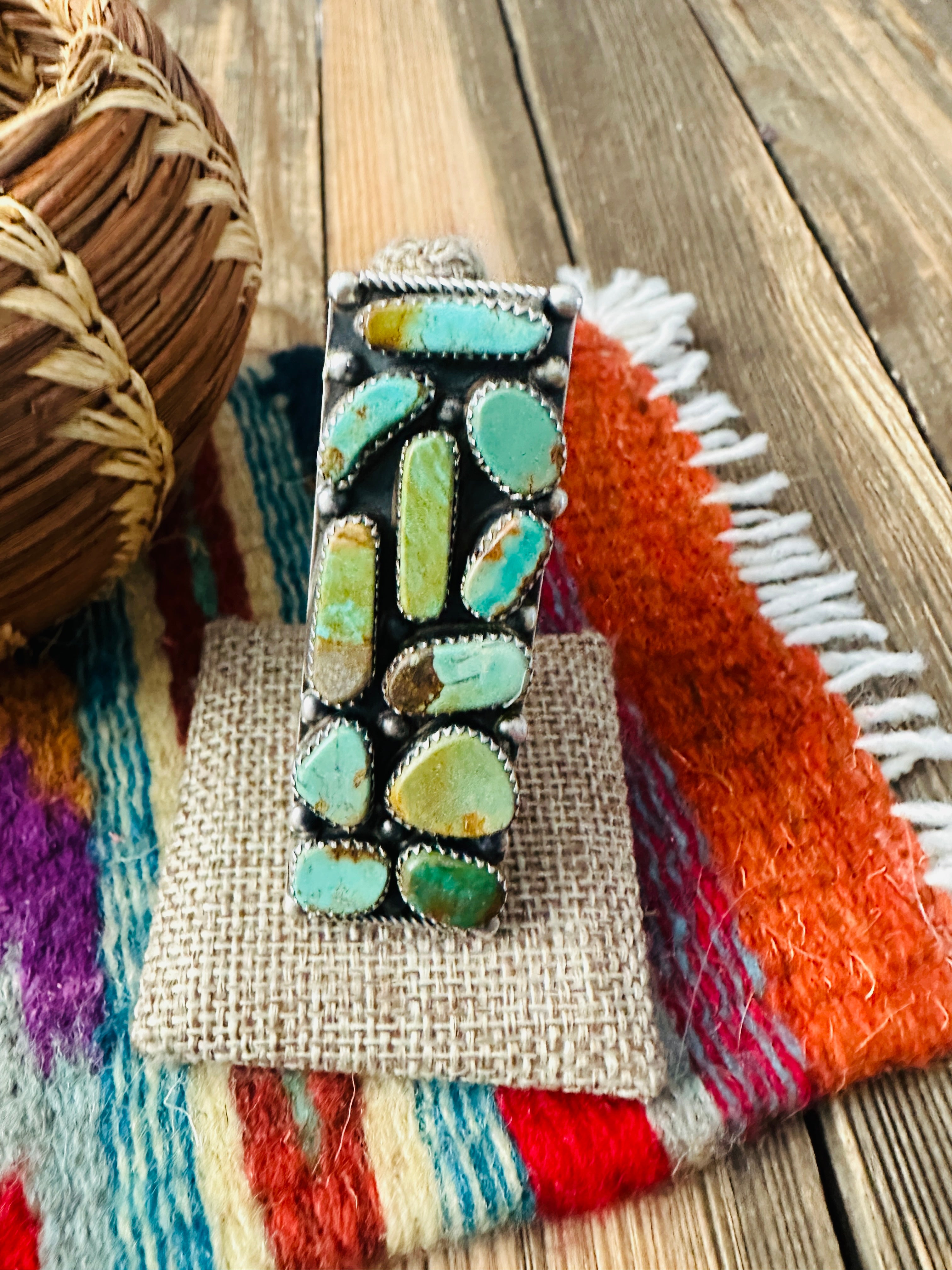 Handcrafted Royston Turquoise Sterling Silver Cluster Adjustable Ring by Jacqueline Silver