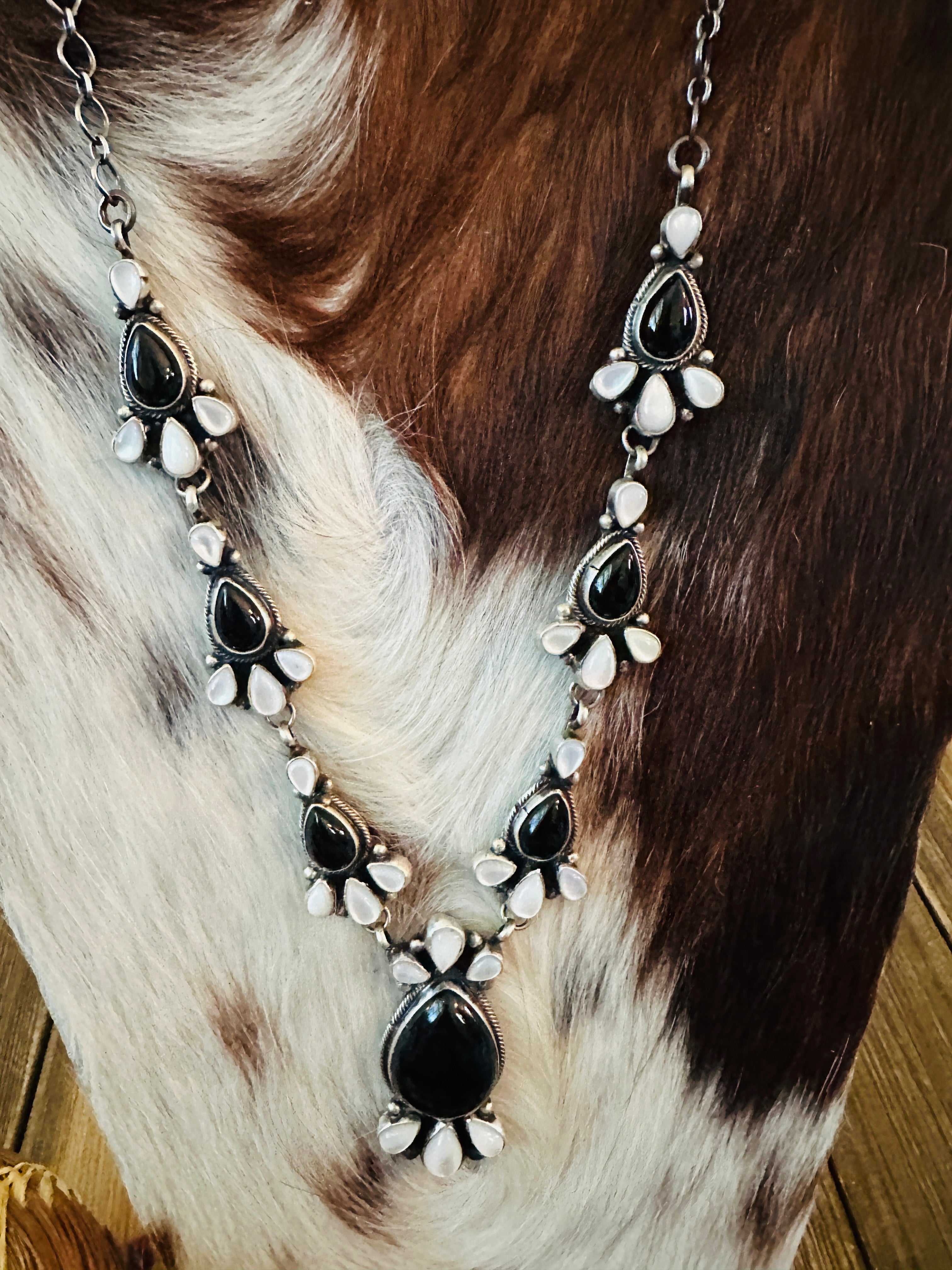 Handcrafted Onyx, Mother of Pearl & Sterling Silver Necklace and Earring Set by Sheila Becenti