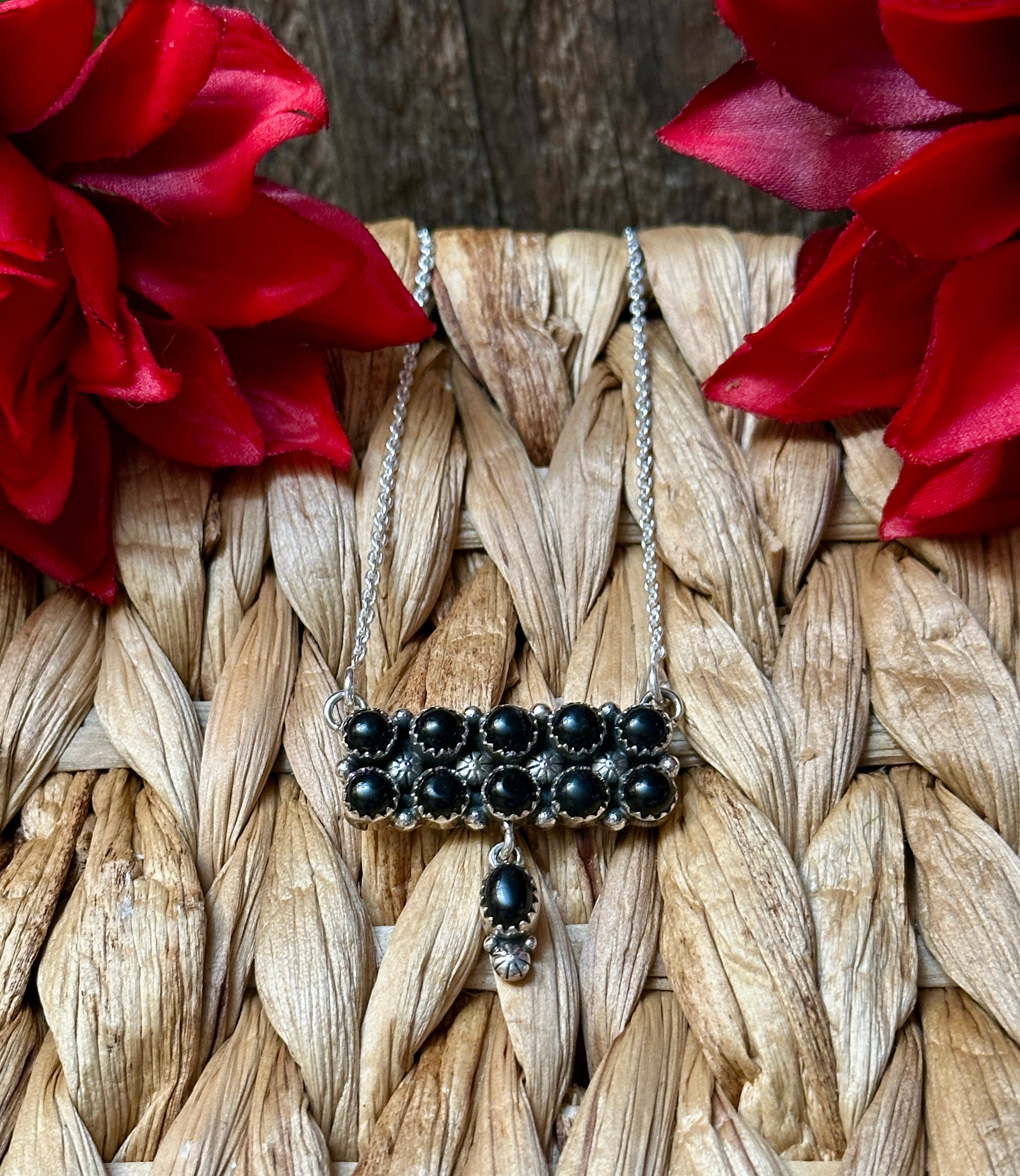 Handmade Sterling Silver & Black Onyx Tear Drop Dangle, Bar Necklace