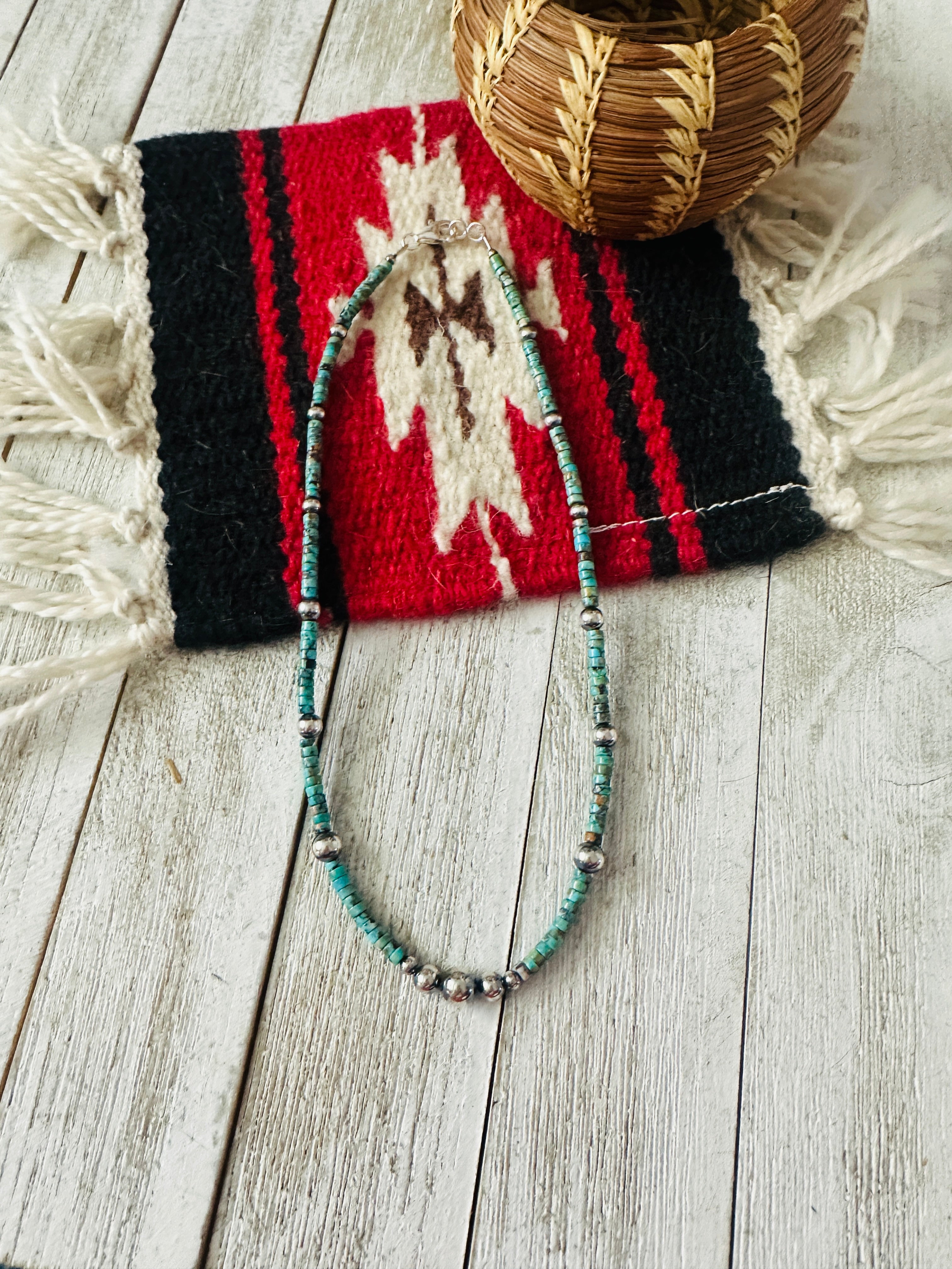 Navajo Turquoise & Sterling Silver 18” Beaded Necklace