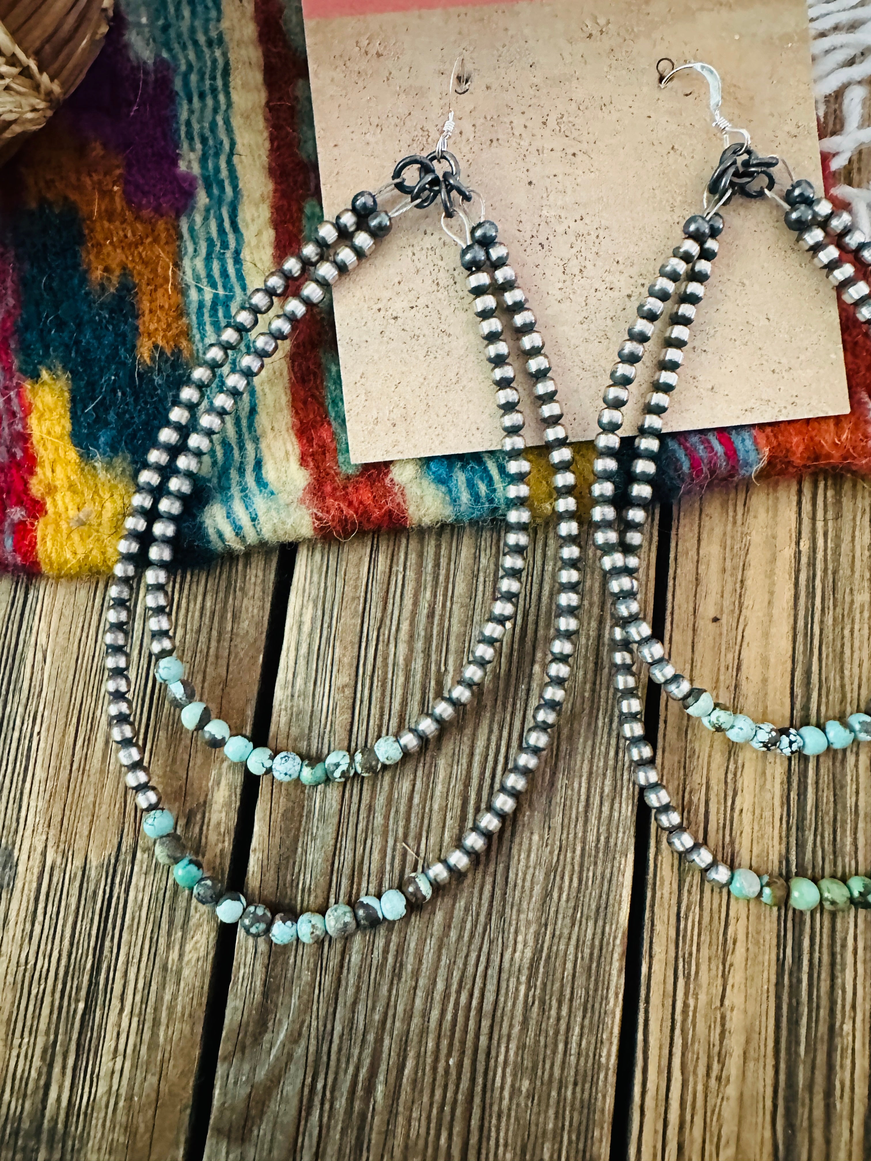 Handcrafted Turquoise & Sterling Silver Beaded Dangle Hoop Earrings