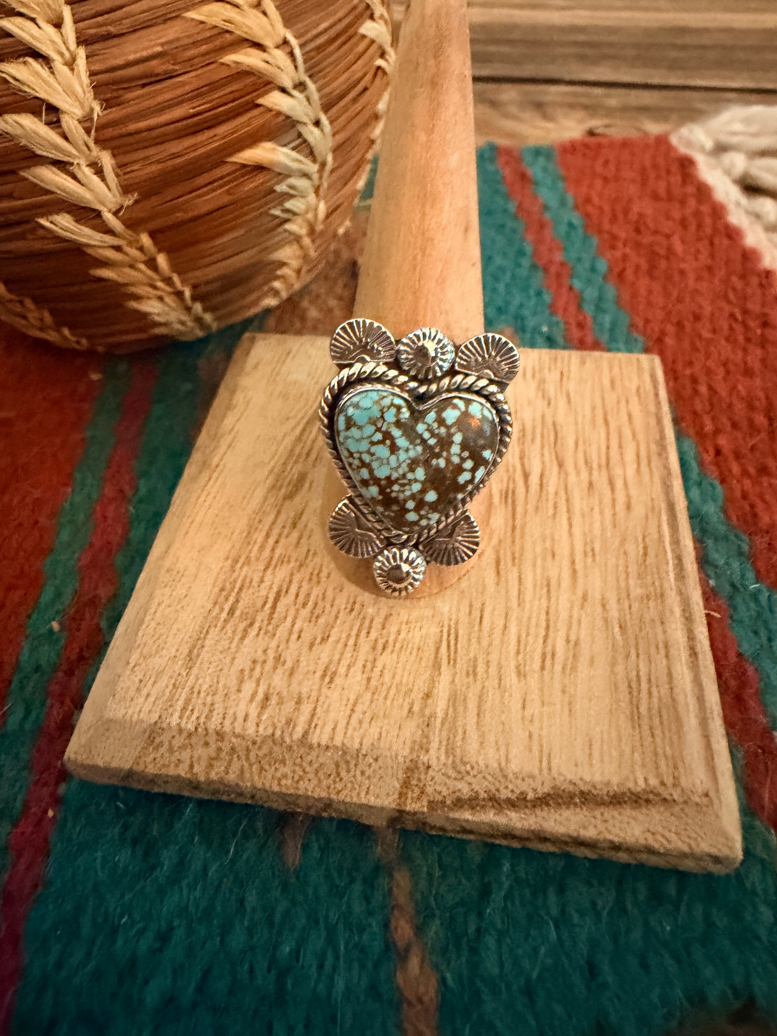Handmade Sterling Silver Number 8 Turquoise Adjustable Heart Ring Signed Nizhoni