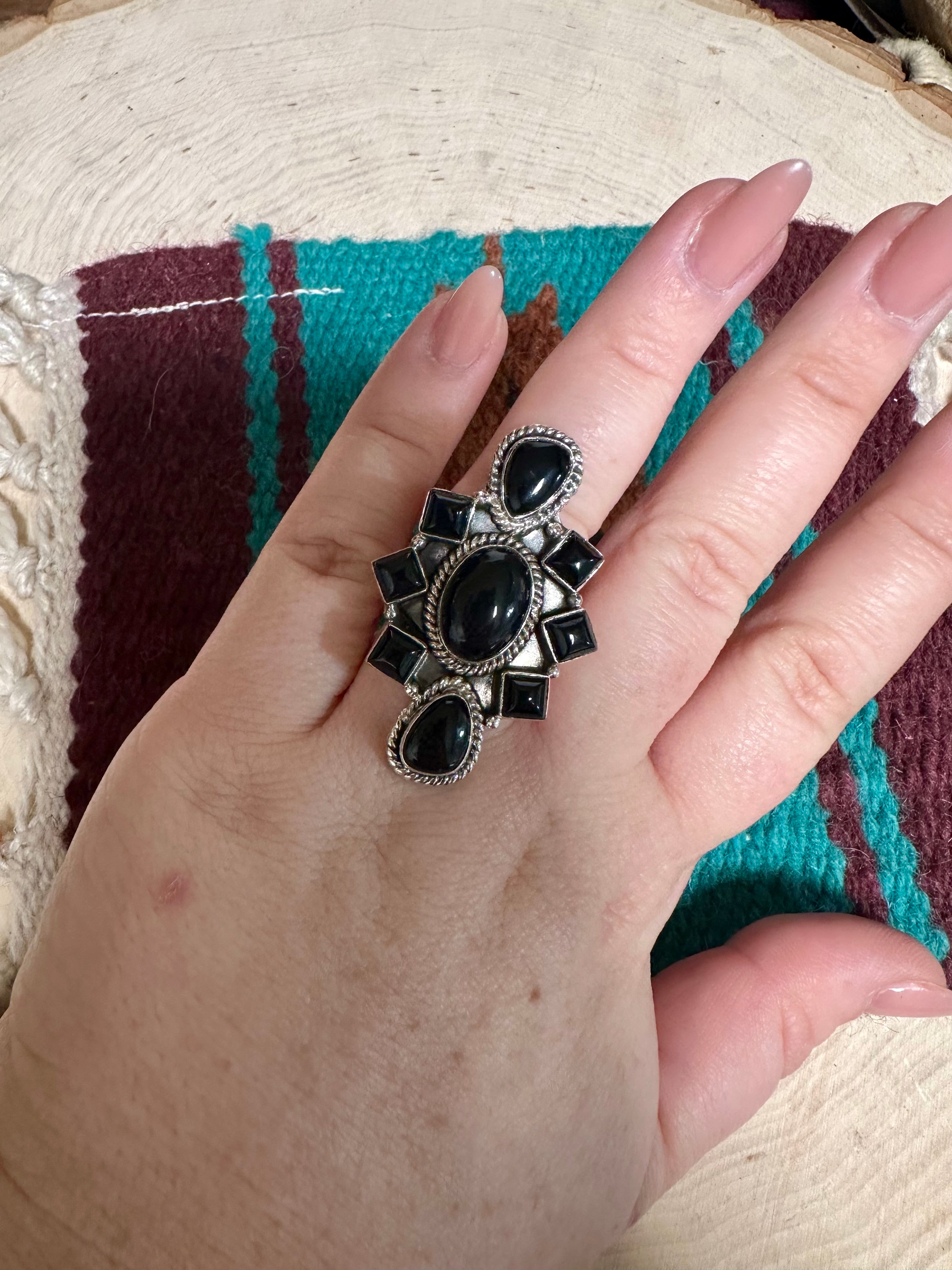 Handmade Onyx & Sterling Silver Adjustable Ring Signed Nizhoni