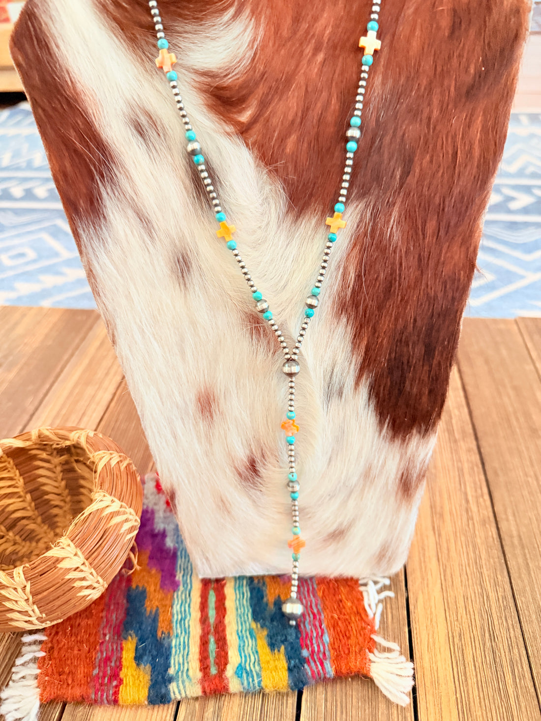 Handcrafted Turquoise, Spiny Oyster & Sterling Silver Pearl 20” Beaded Lariat Necklace