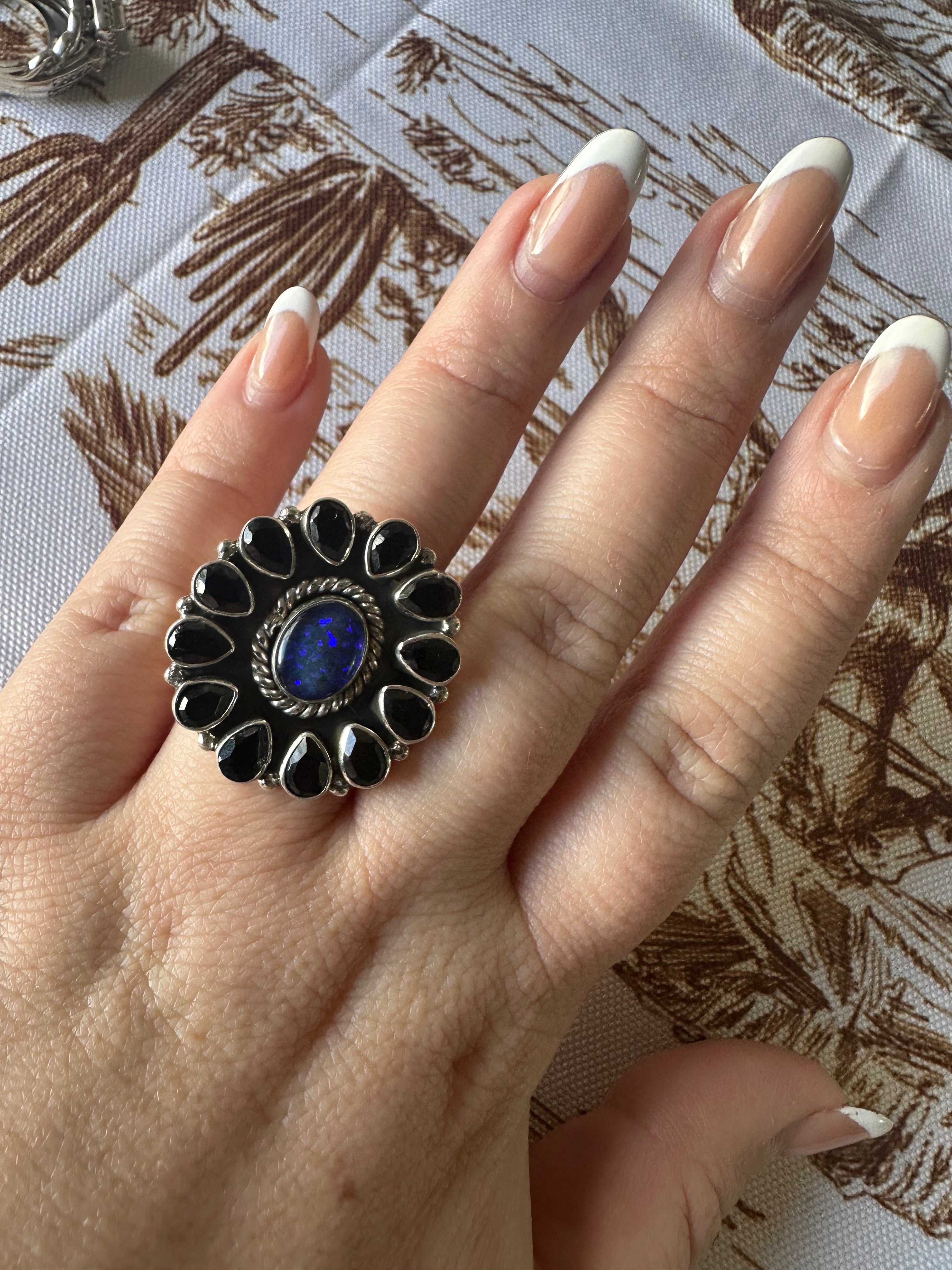 Beautiful Handmade Blue Fire Opal, Black Onyx & Sterling Silver Adjustable Ring Signed Nizhoni