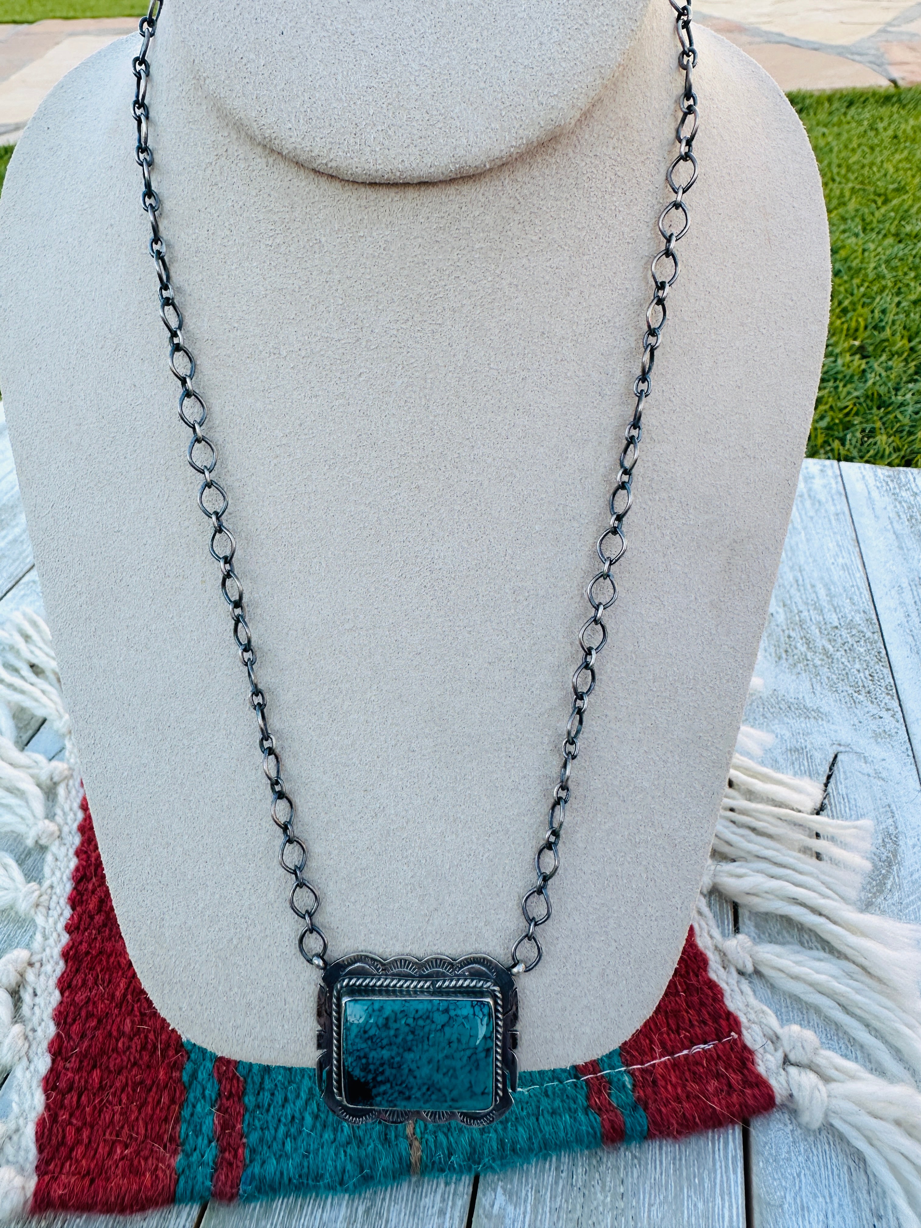 Handcrafted Sterling Silver 18” Link Chain & Turquoise Necklace