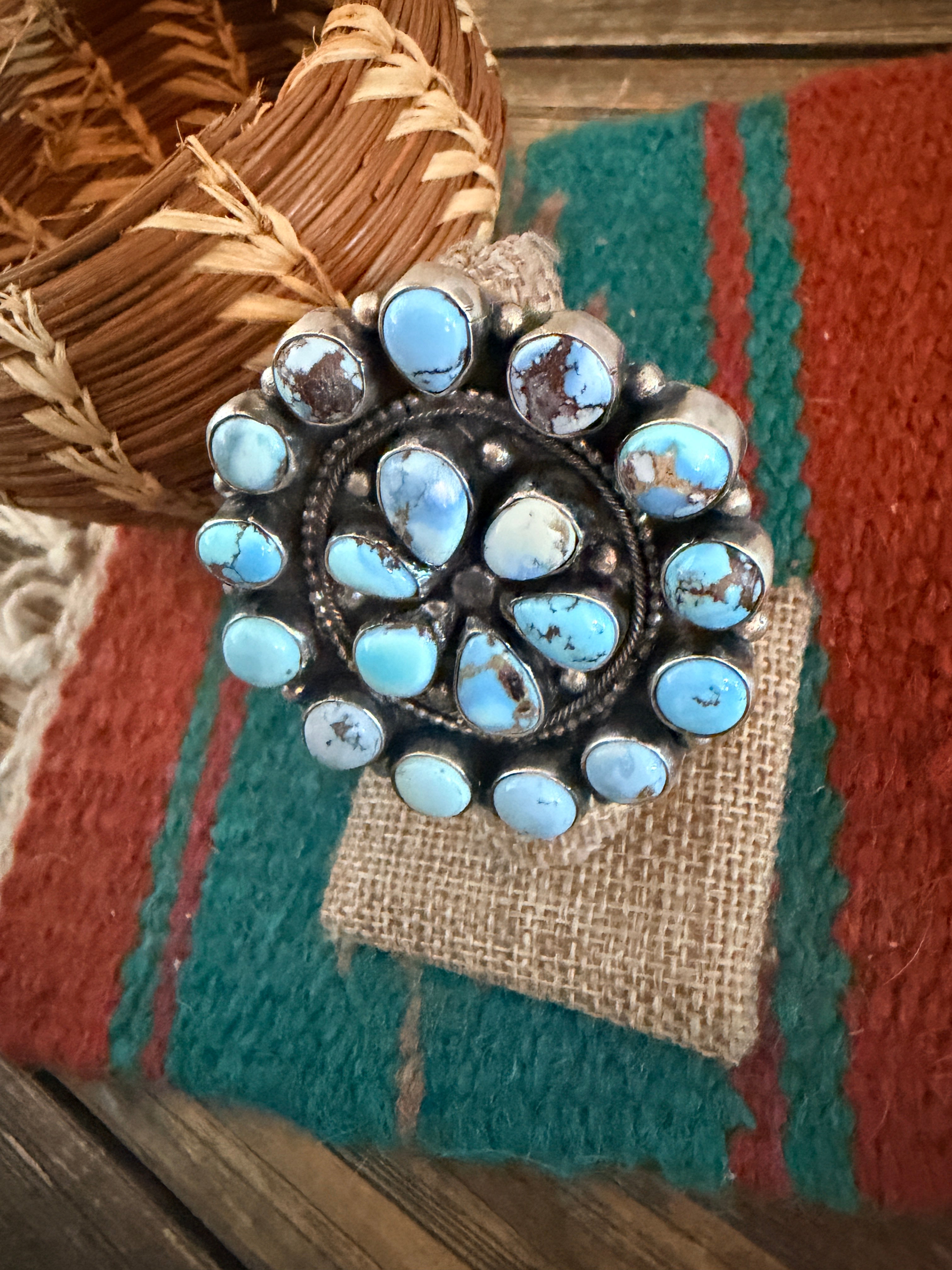 Handcrafted Golden Hills Turquoise & Sterling Silver Cluster Adjustable Ring by Ella Peters