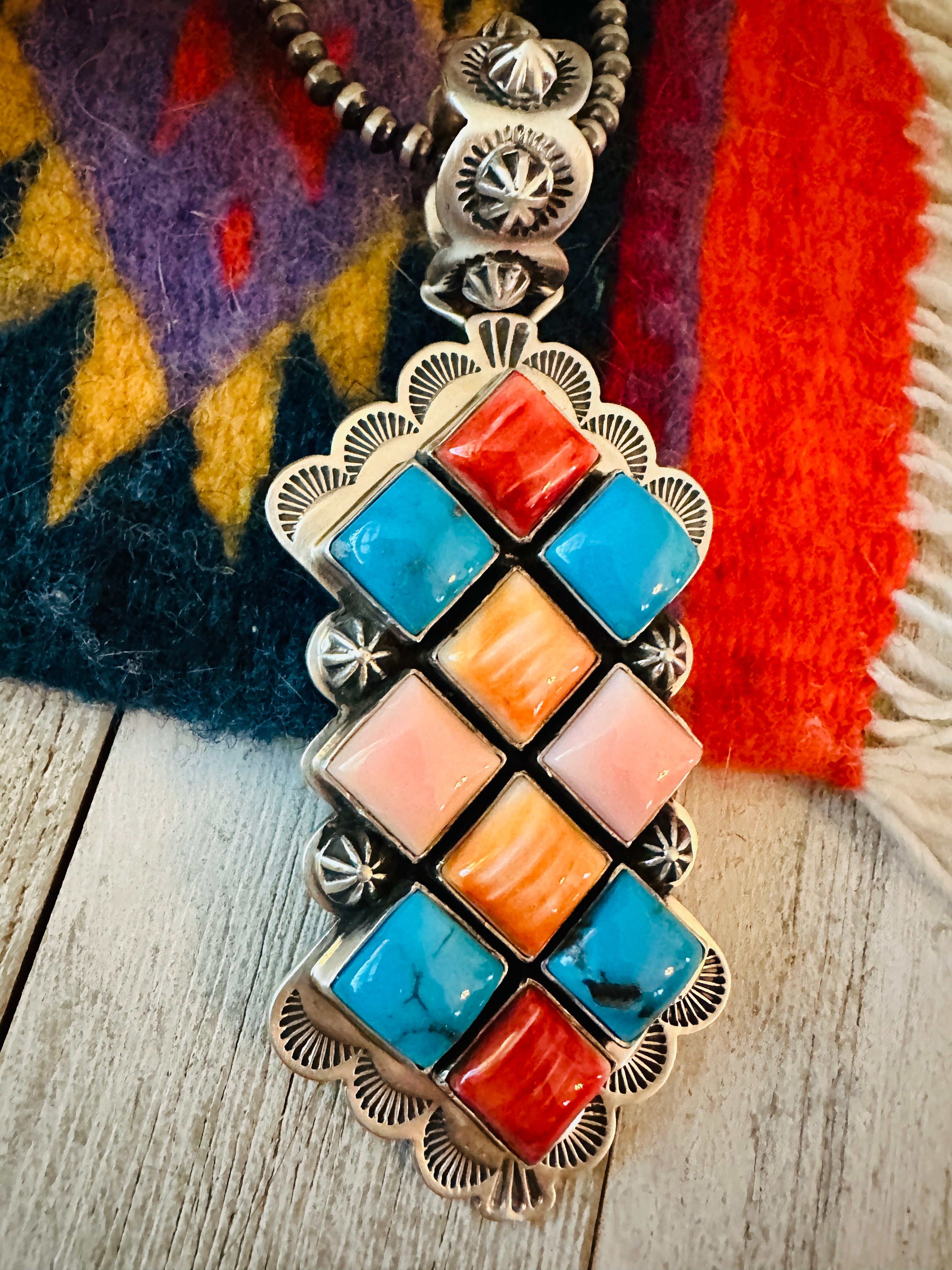 Navajo Multi Stone and Sterling Silver Cluster Pendant by Charles Johnson