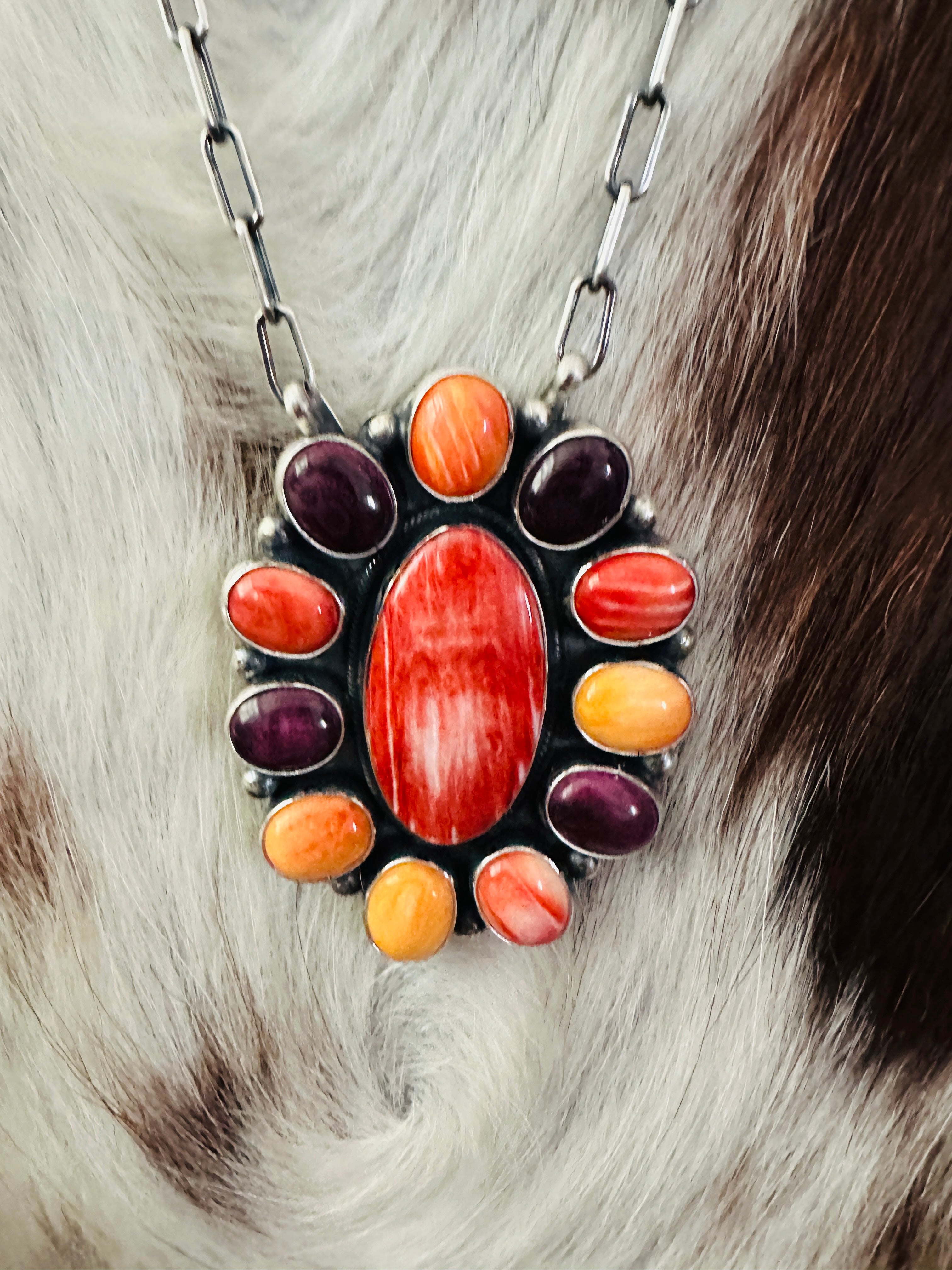 Handcrafted Multicolor Spiny Oyster & Sterling Silver Cluster Necklace by Sheila Becenti