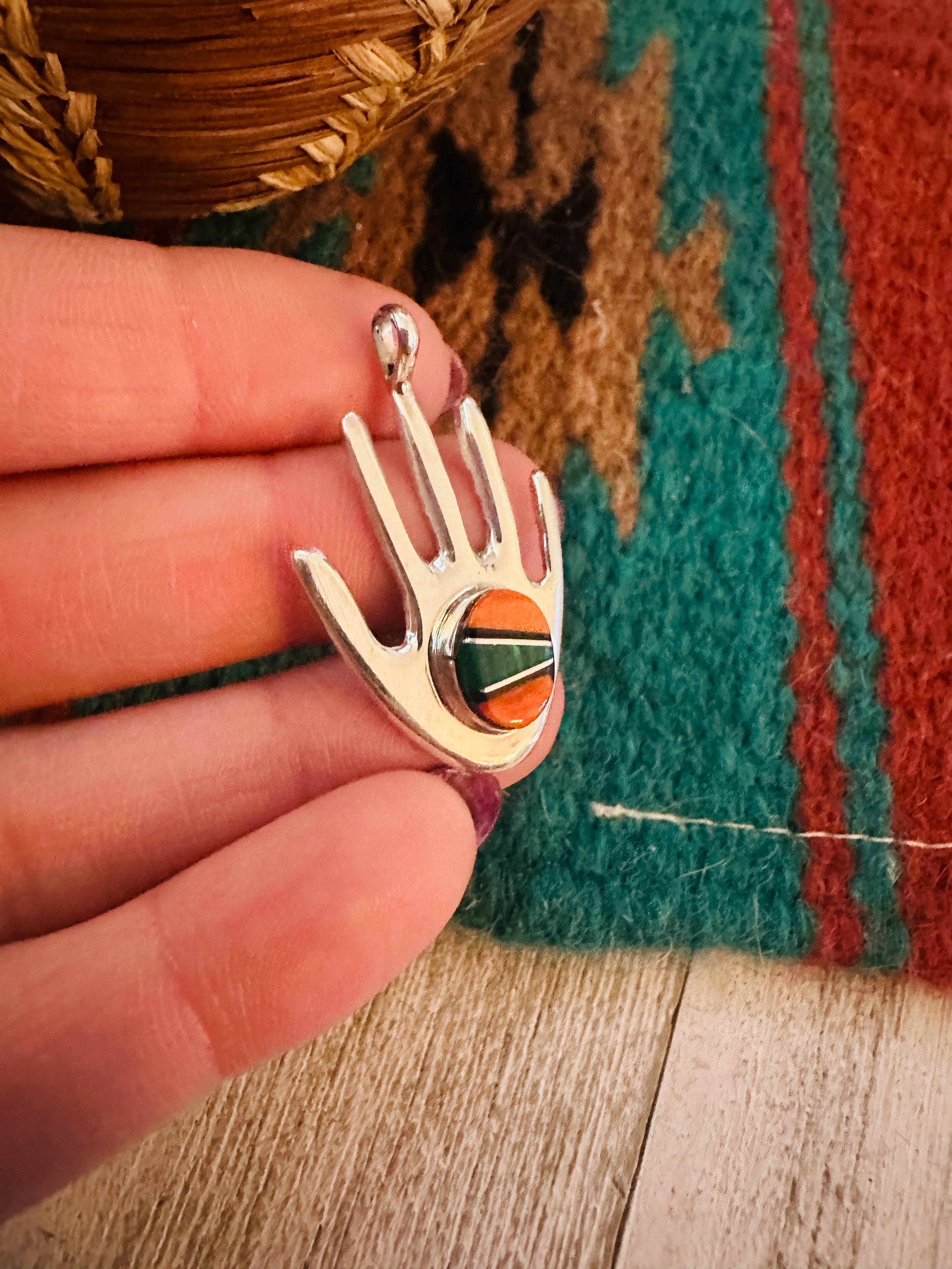 Navajo Multi Stone & Sterling Silver Inlay Hand Pendant