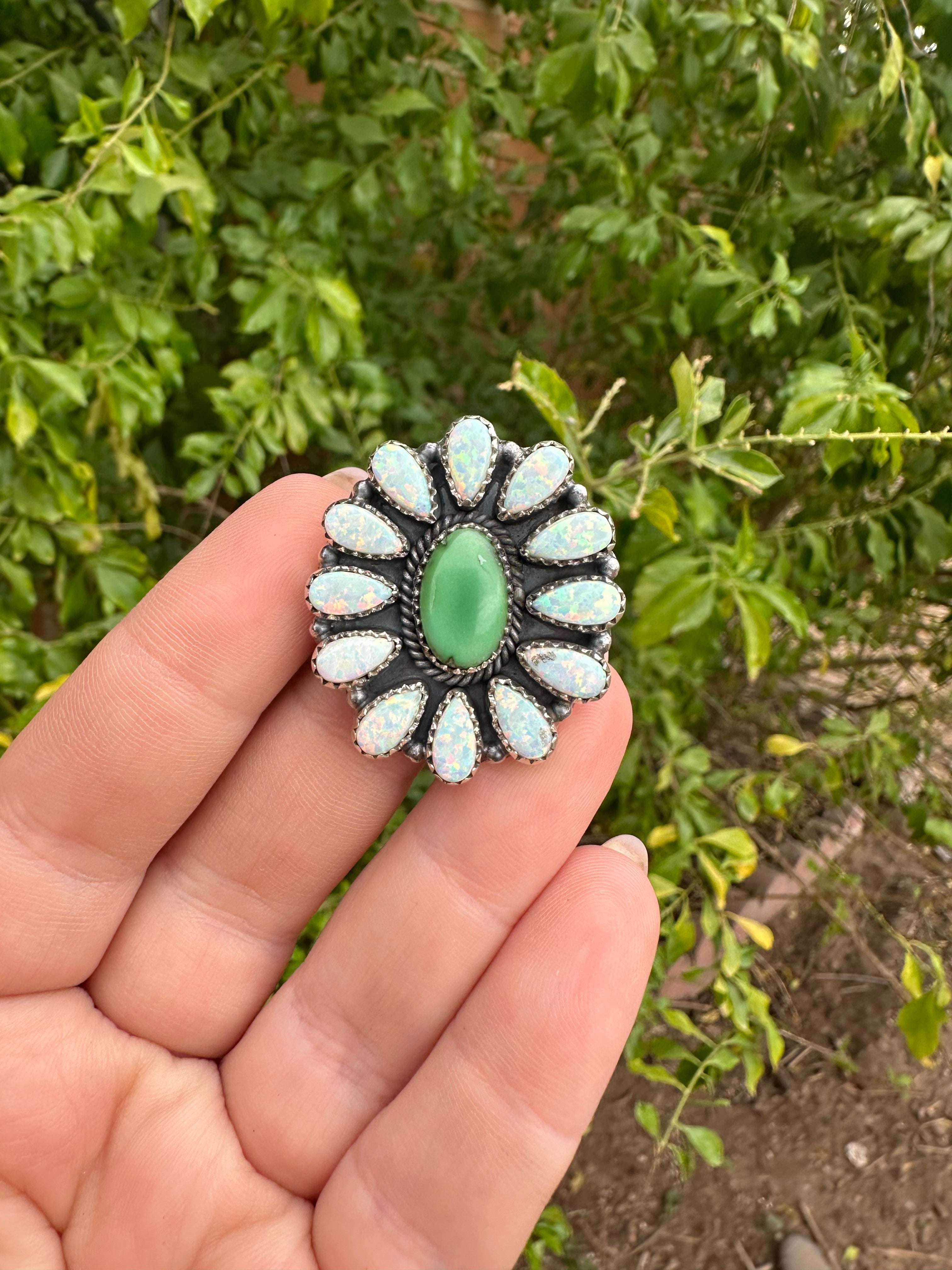 Handmade Sonoran Gold Turquoise, White Fire Opal & Sterling Silver Adjustable Ring Signed Nizhoni