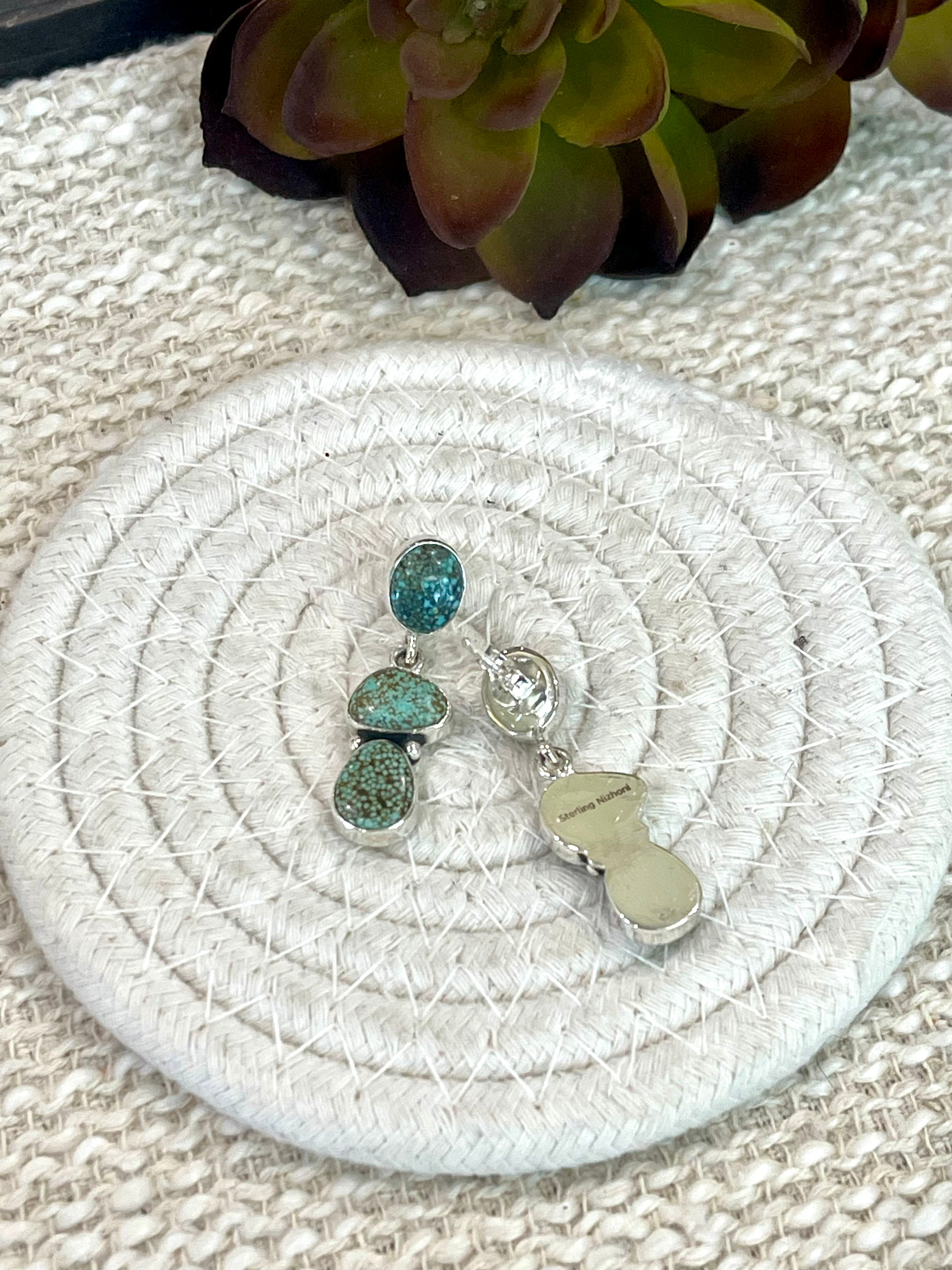 Handmade Sterling Silver Number 8 Turquoise Post Dangle Earrings with Signed Nizhoni