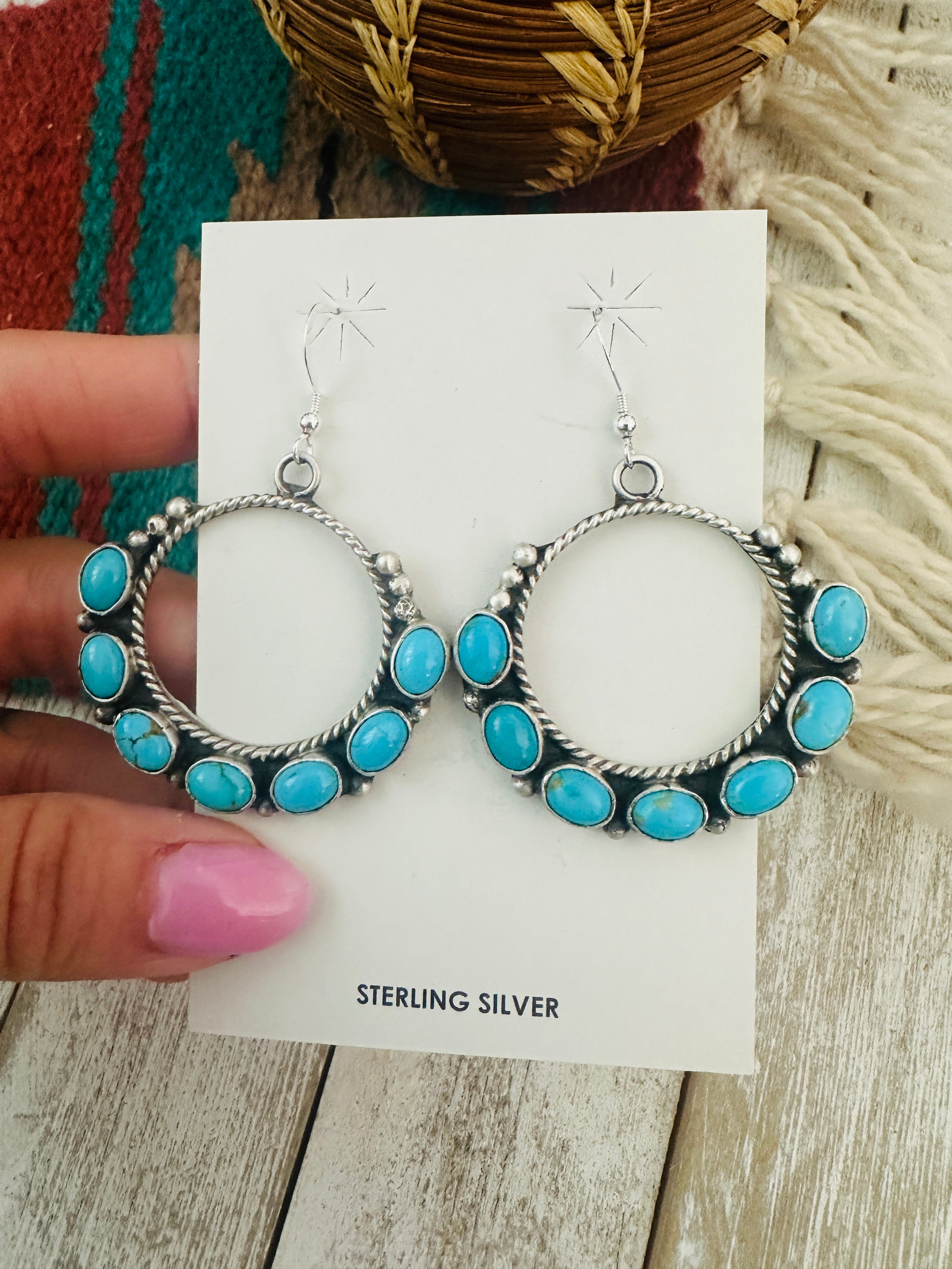 Navajo Sterling Silver & Turquoise Circle Dangle Earrings