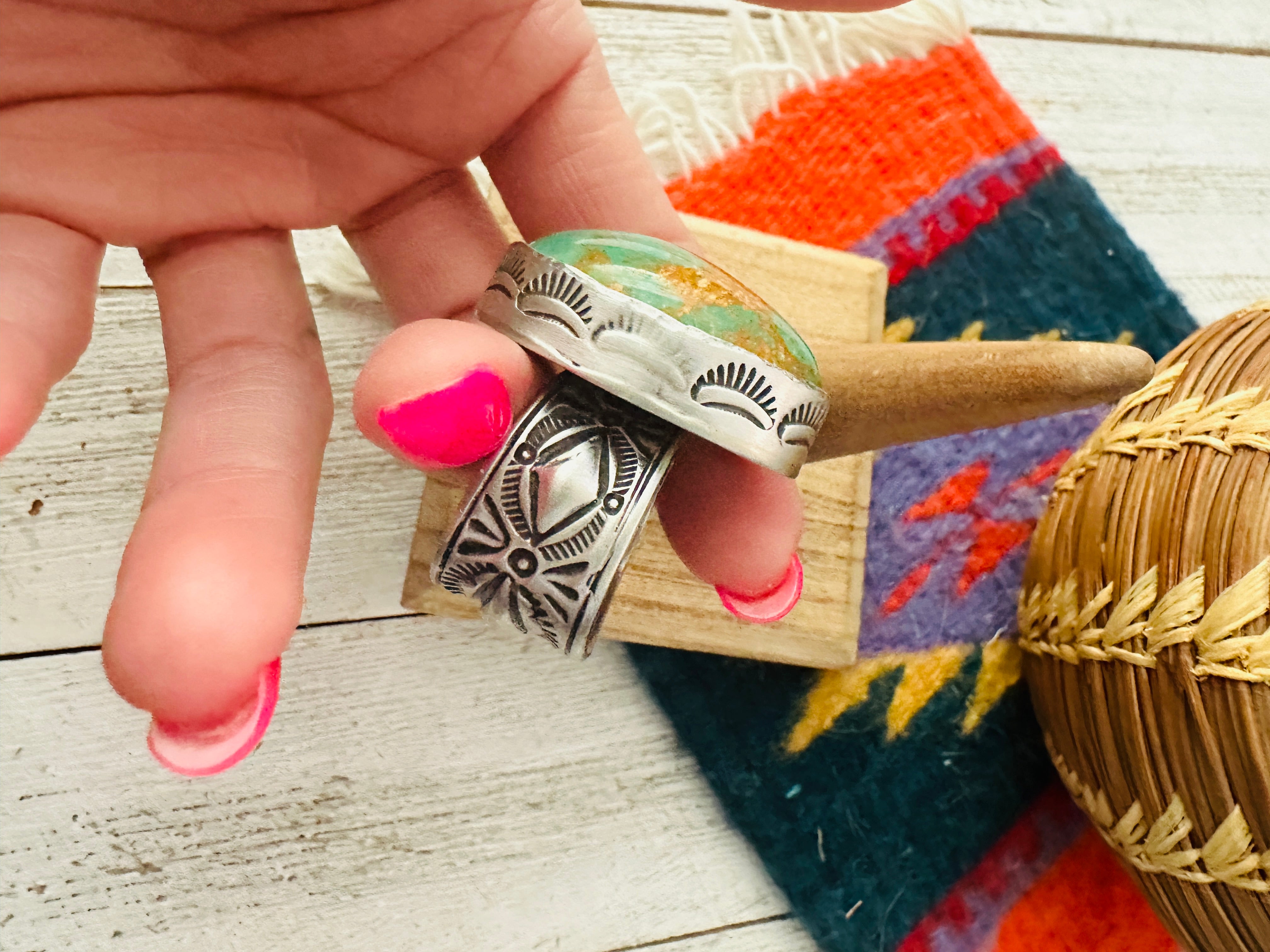 Navajo Royston Turquoise & Sterling Silver Adjustable Ring by Russell Sam