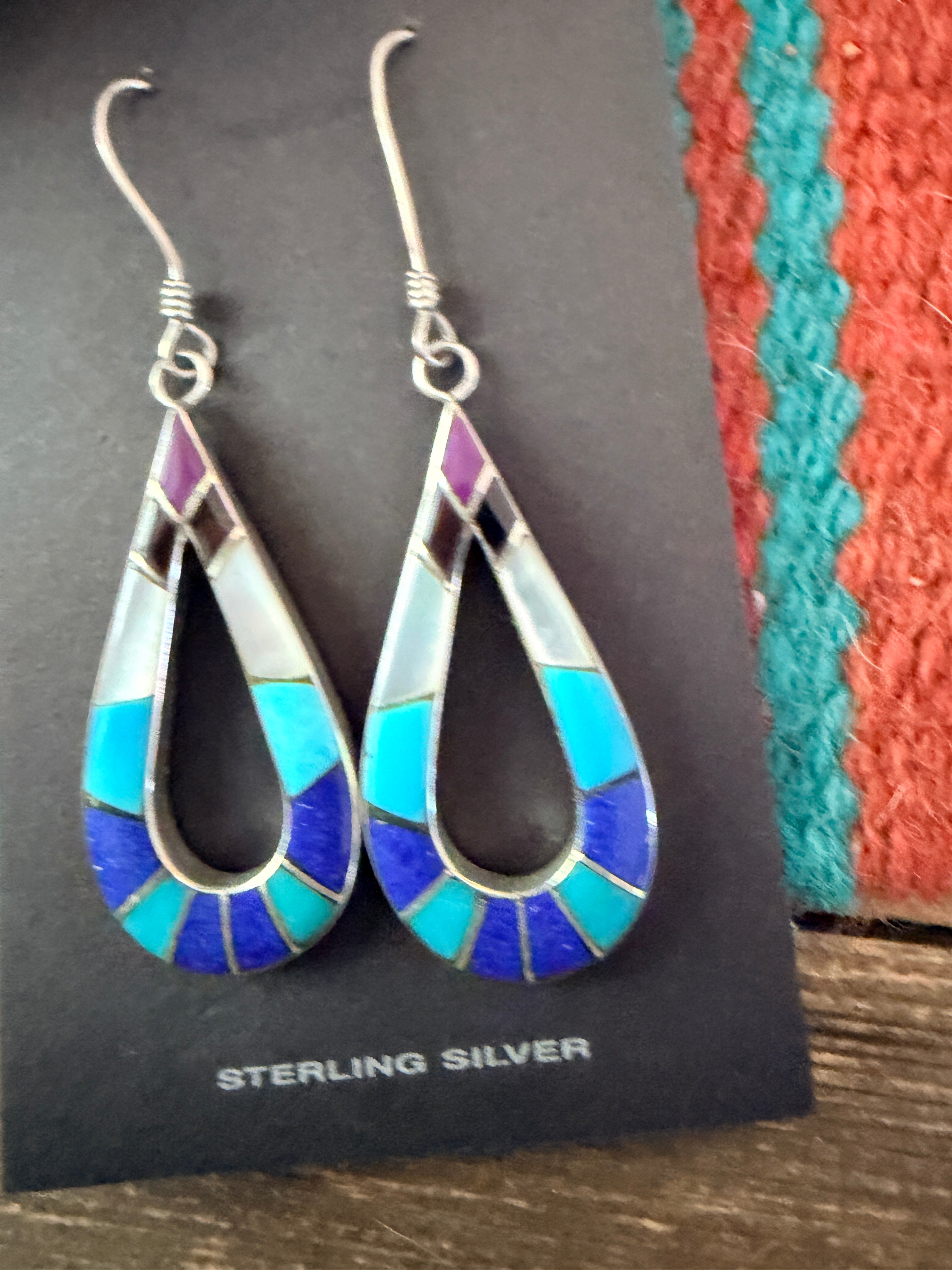 Old Pawn Handcrafted Sterling Silver & Multi Stone Inlay Dangle Earrings