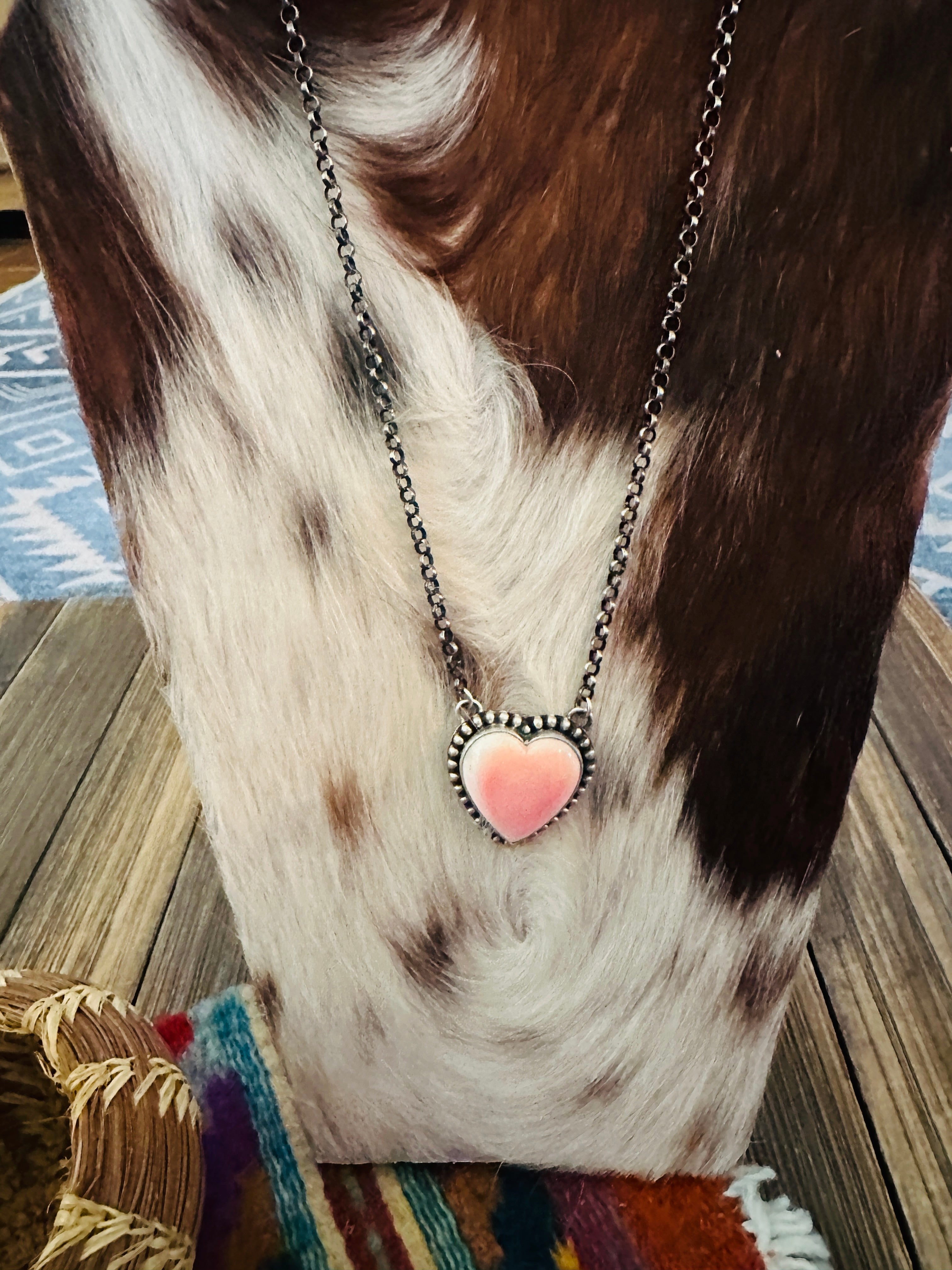 Handcrafted Queen Pink Conch & Sterling Silver Heart Necklace by Emer Thompson