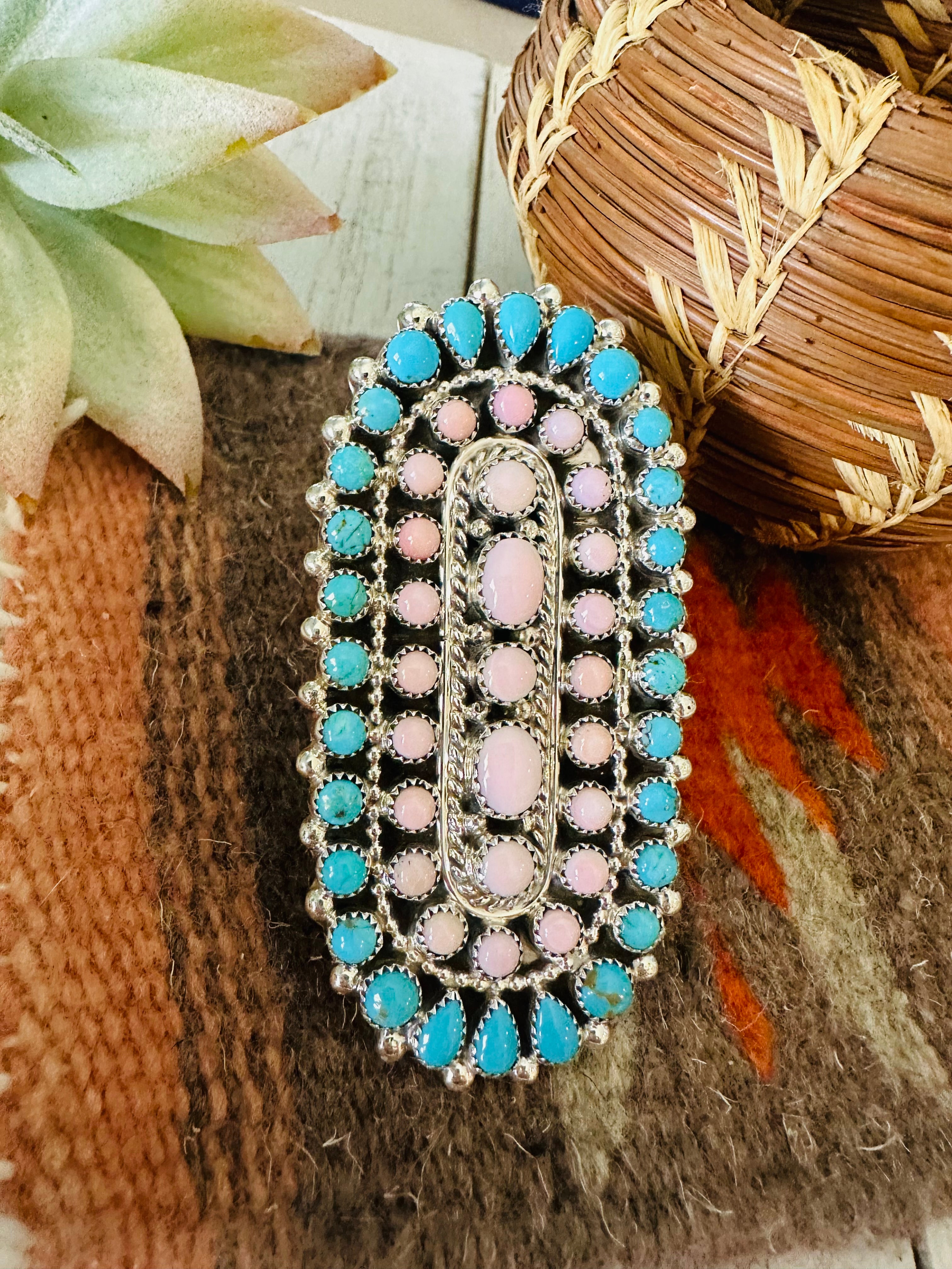 Navajo Sterling Silver, Turquoise & Queen Pink Conch Adjustable Ring