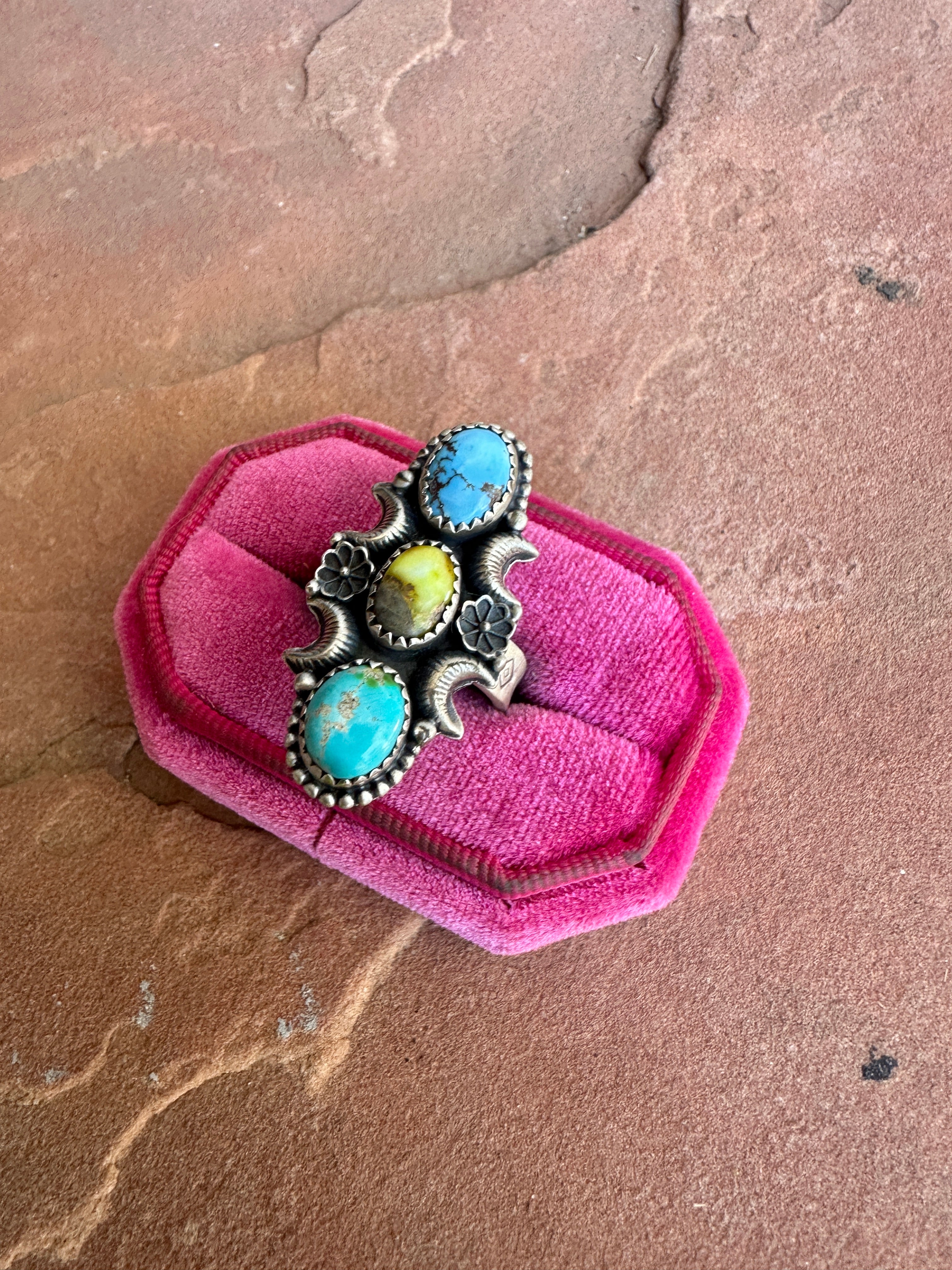 Beautiful Handmade Golden Hills Turquoise, Palomino Turquoise, Sonoran Mountain Turquoise And Sterling Silver Adjustable Ring