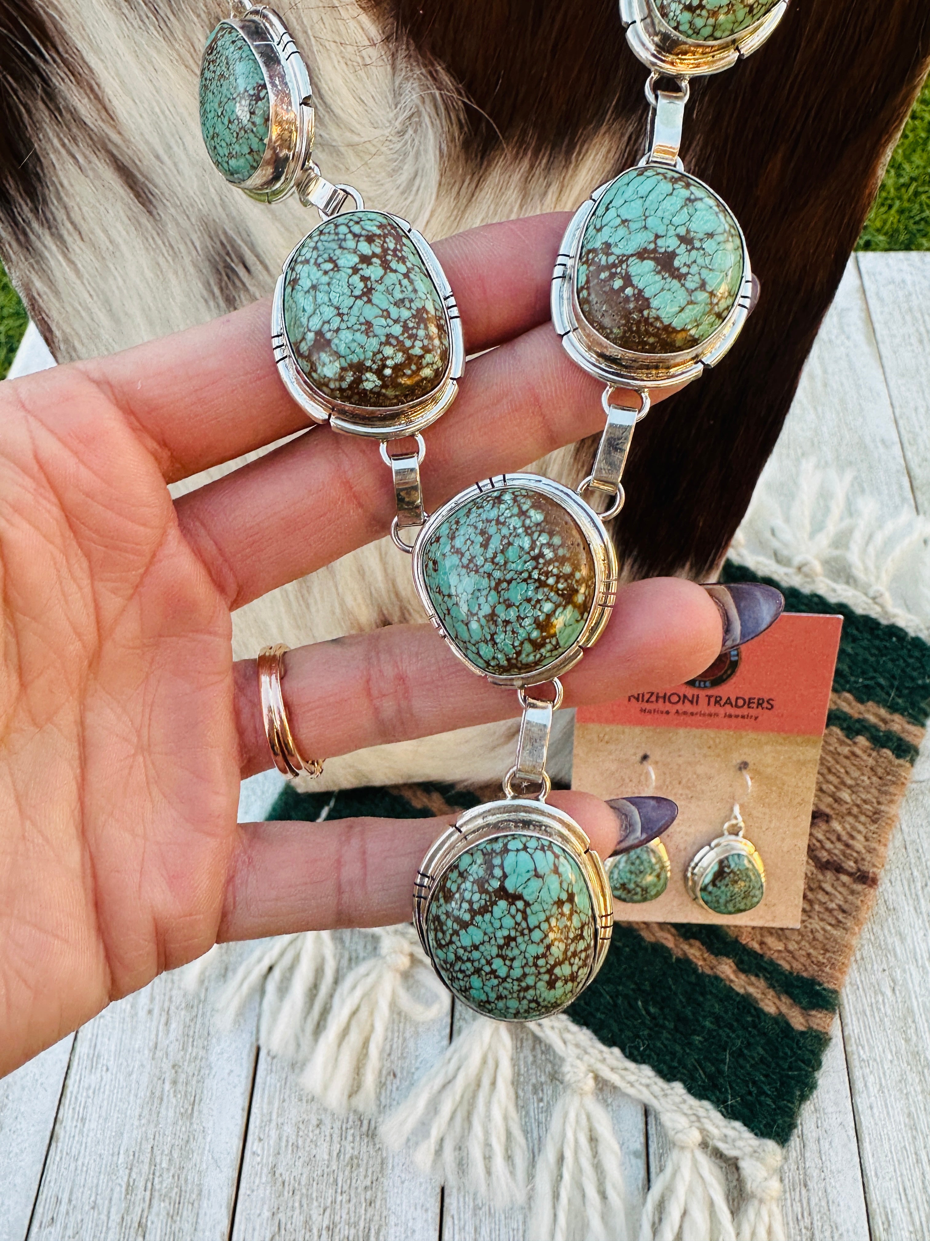 Handcrafted Royston Turquoise & Sterling Silver Necklace and Earring Set