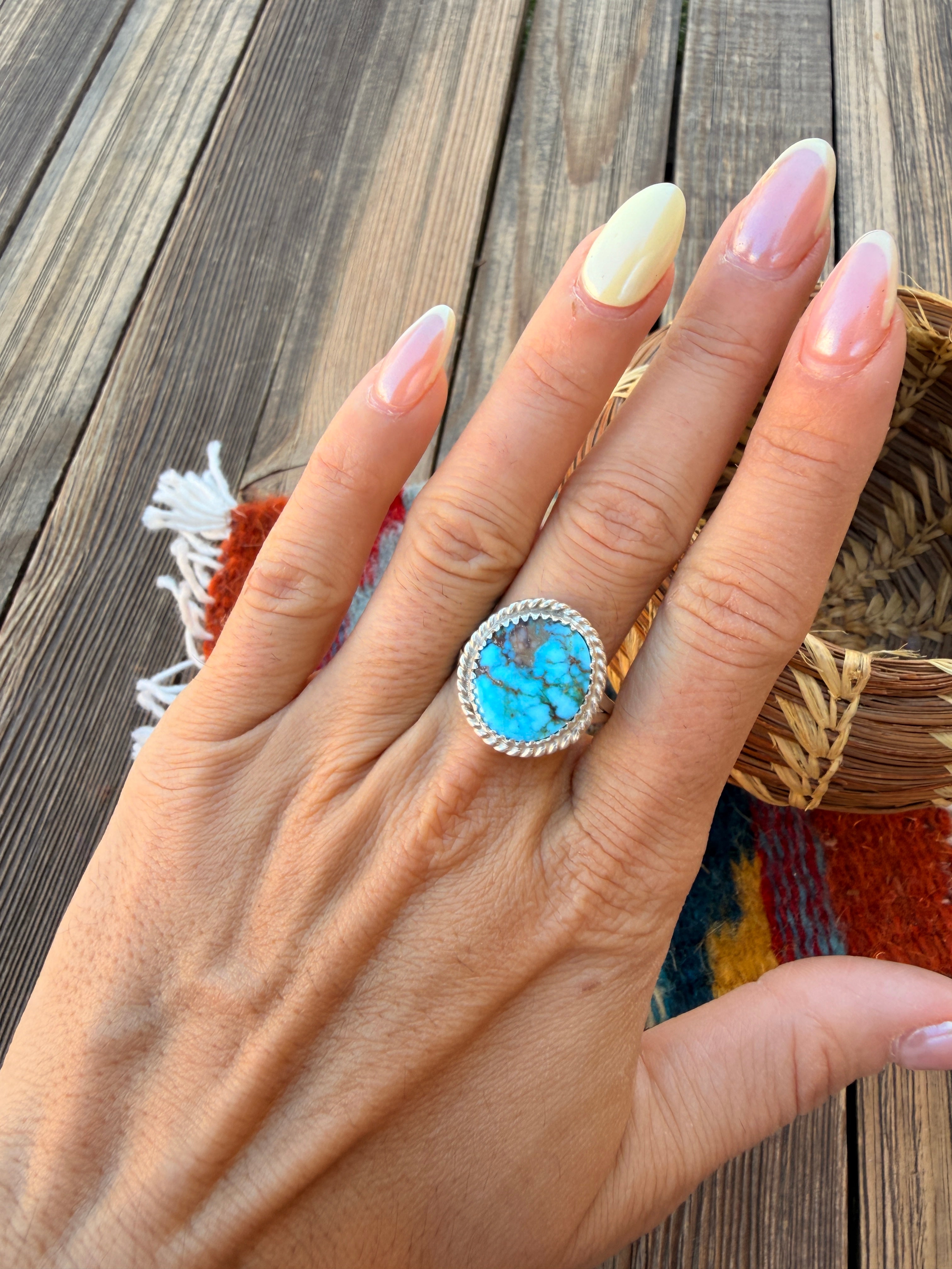 Handcrafted Turquoise & Sterling Silver Ring Size 9.75