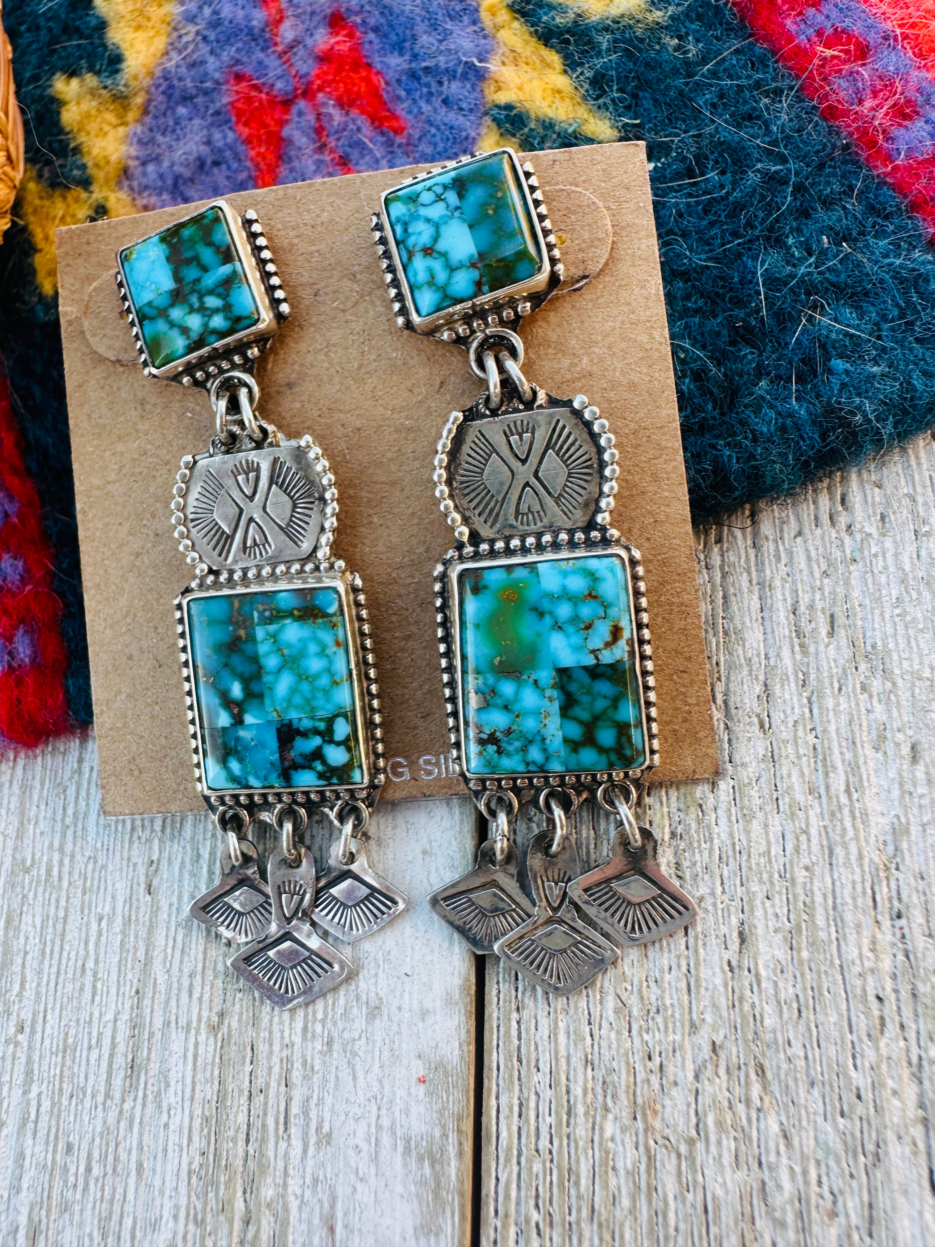 Aldrich Art Jewelry Kingman Web Turquoise & Sterling Silver Inlay Dangle Earrings