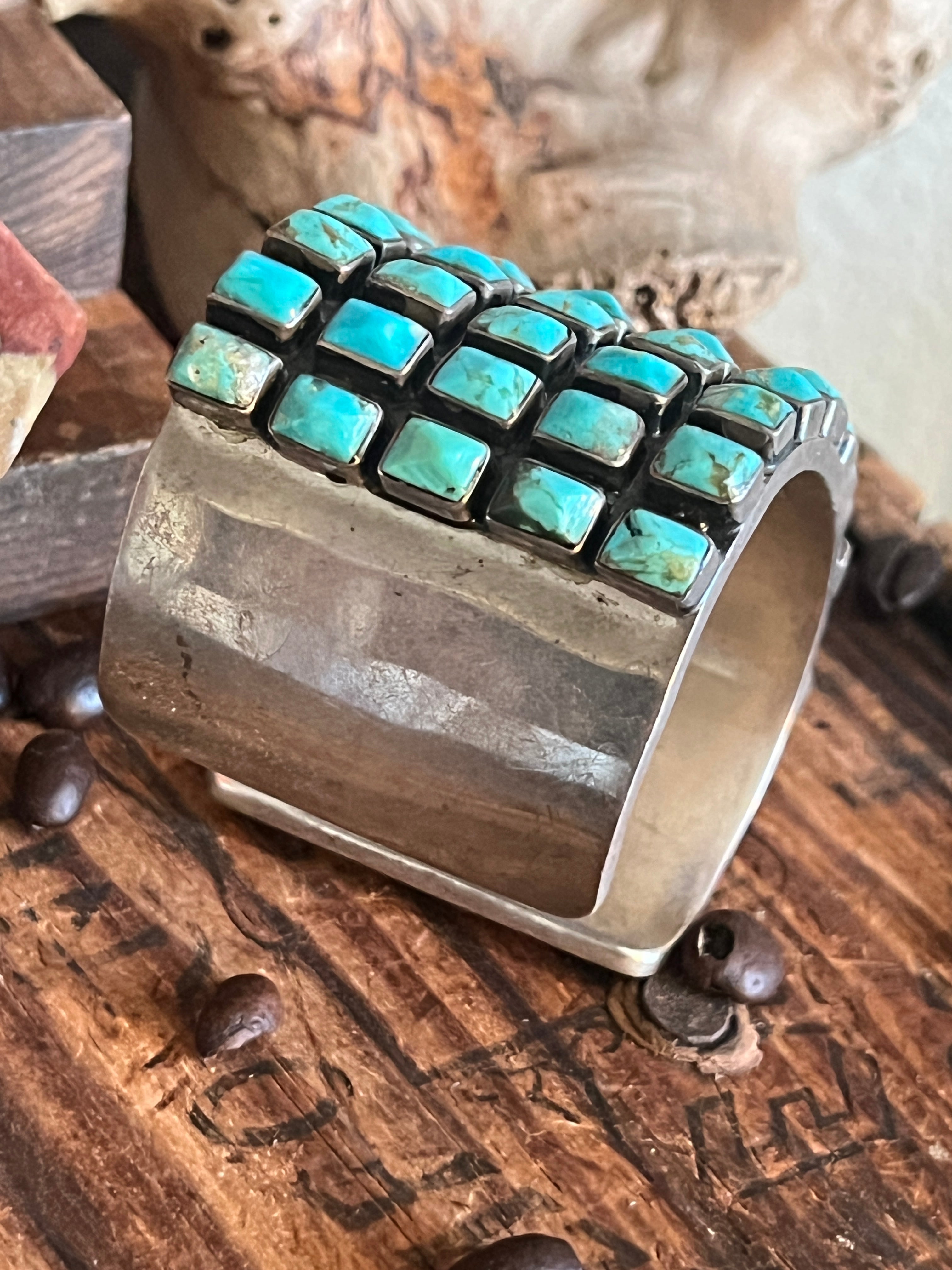 Hefty Old Pawn Sterling Silver and Turquoise 5 Row Cuff Bracelet by Federico Jimenez