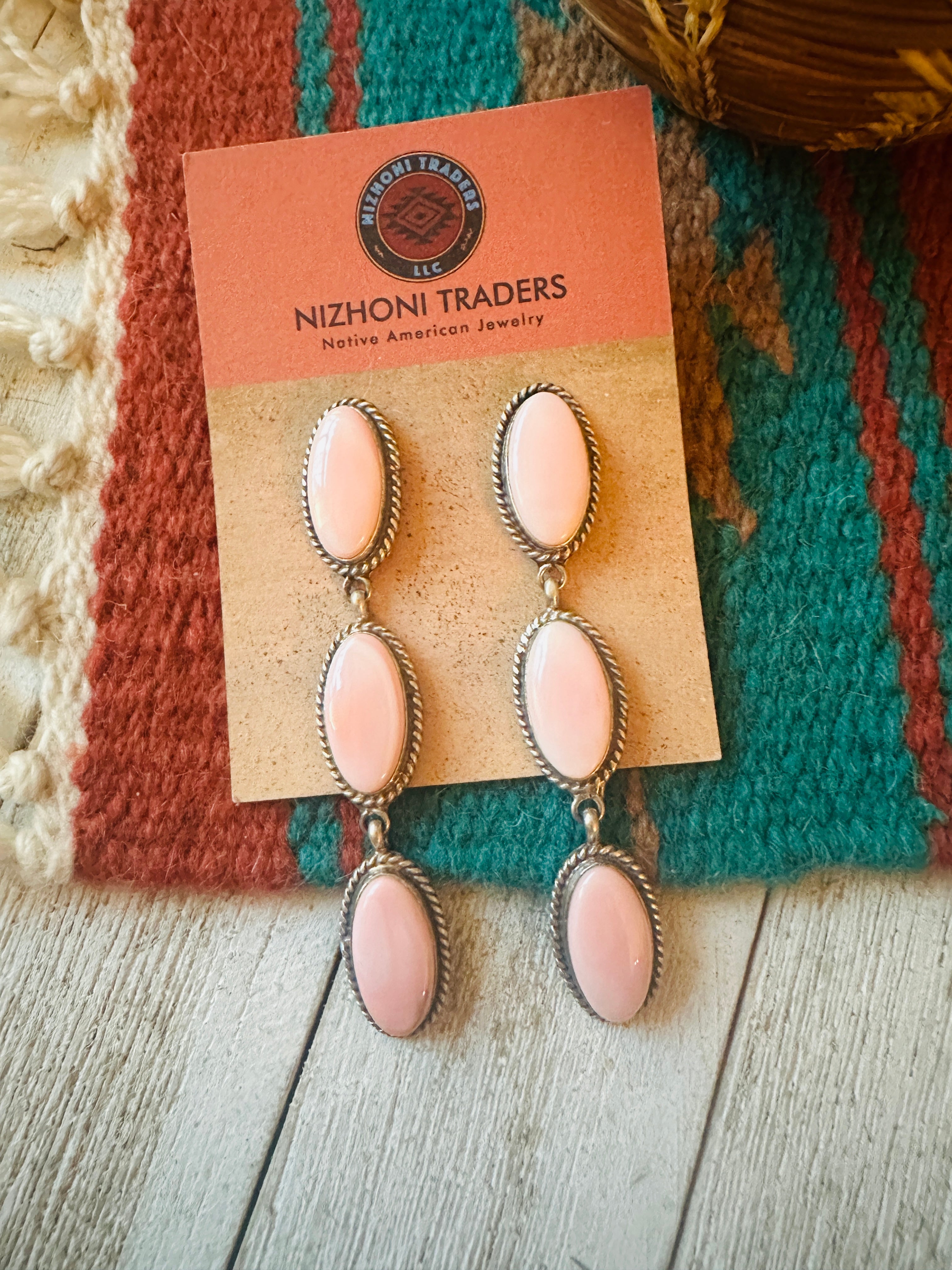 Navajo Queen Pink Conch & Sterling Silver 3-Stone Dangle Earrings