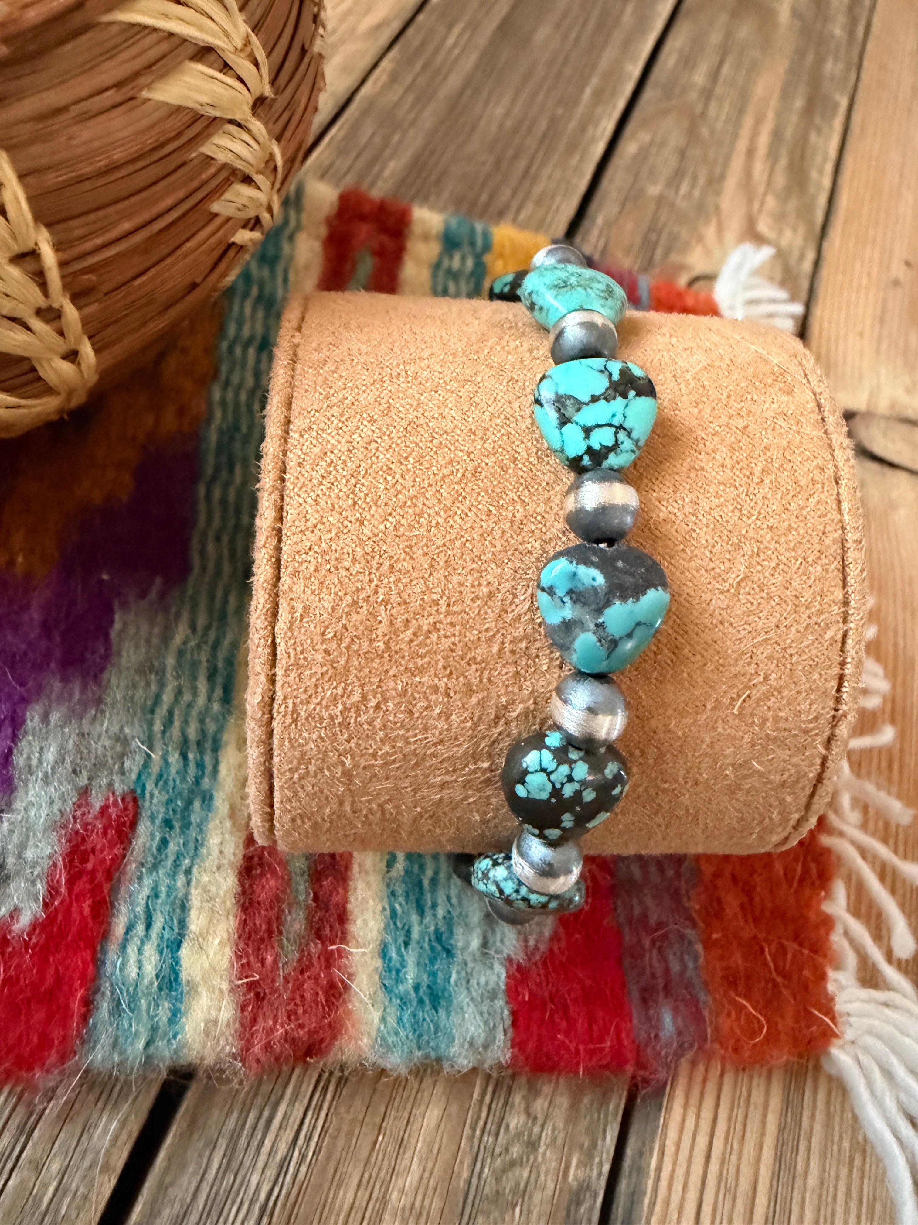 Handcrafted Turquoise & Sterling Silver Beaded Stretch Bracelet