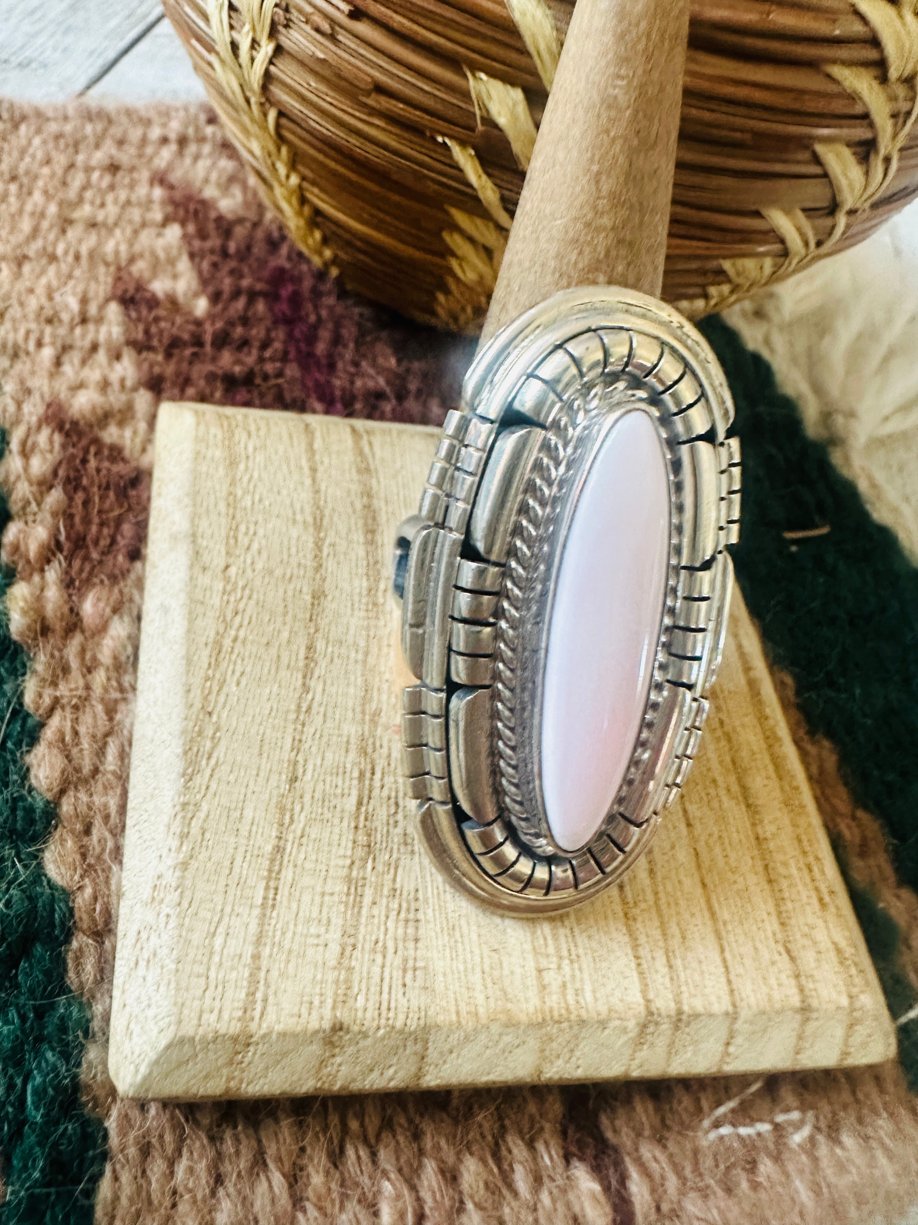 Navajo Sterling Silver & Queen Pink Conch Adjustable Ring