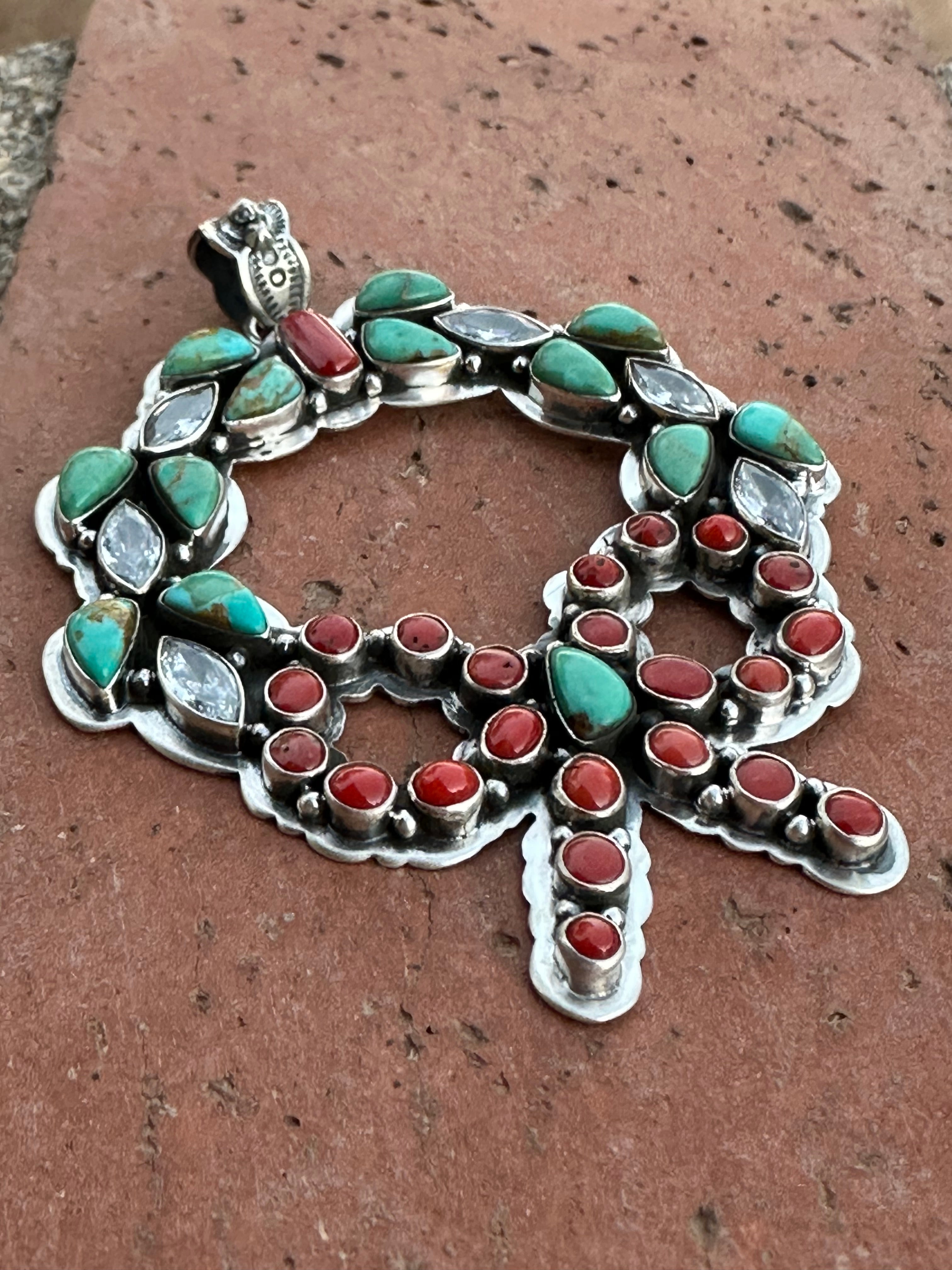 Handmade Sterling Silver, Coral & Kingman Turquoise Christmas Wreath Pendant