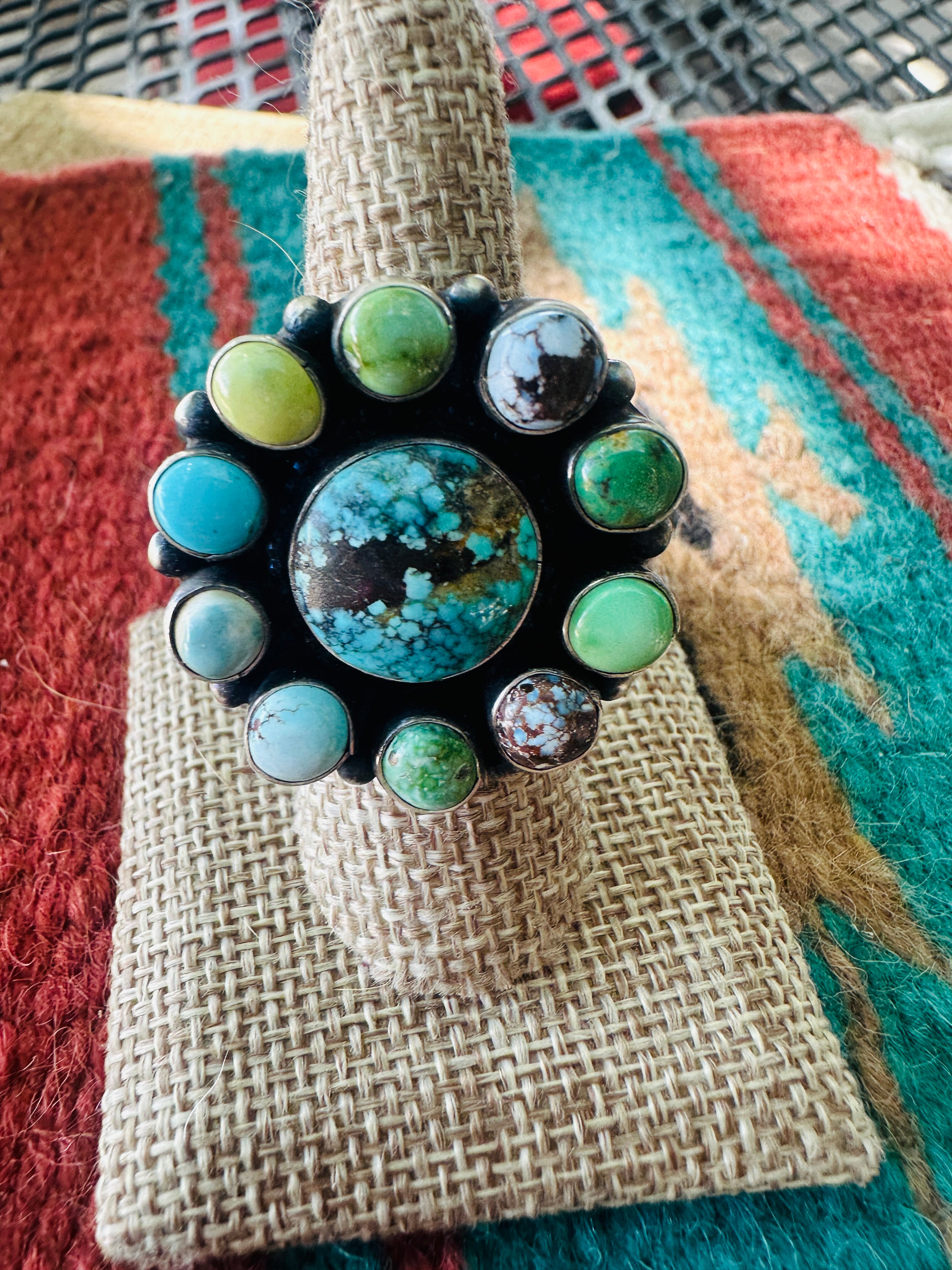 Handcrafted Sterling Silver & Turquoise Cluster Adjustable Ring