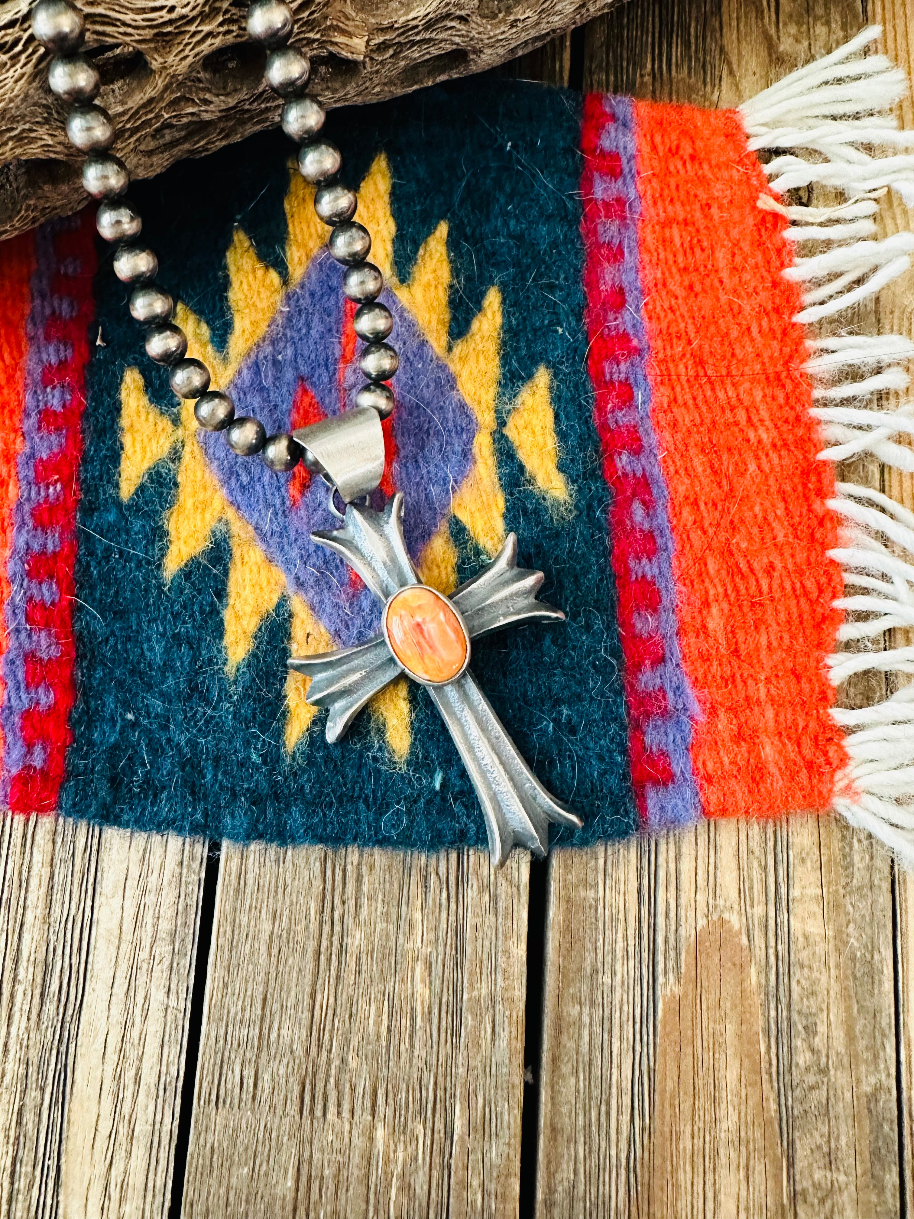 Navajo Sterling Silver & Orange Spiny Cross Pendant by Chimney Butte