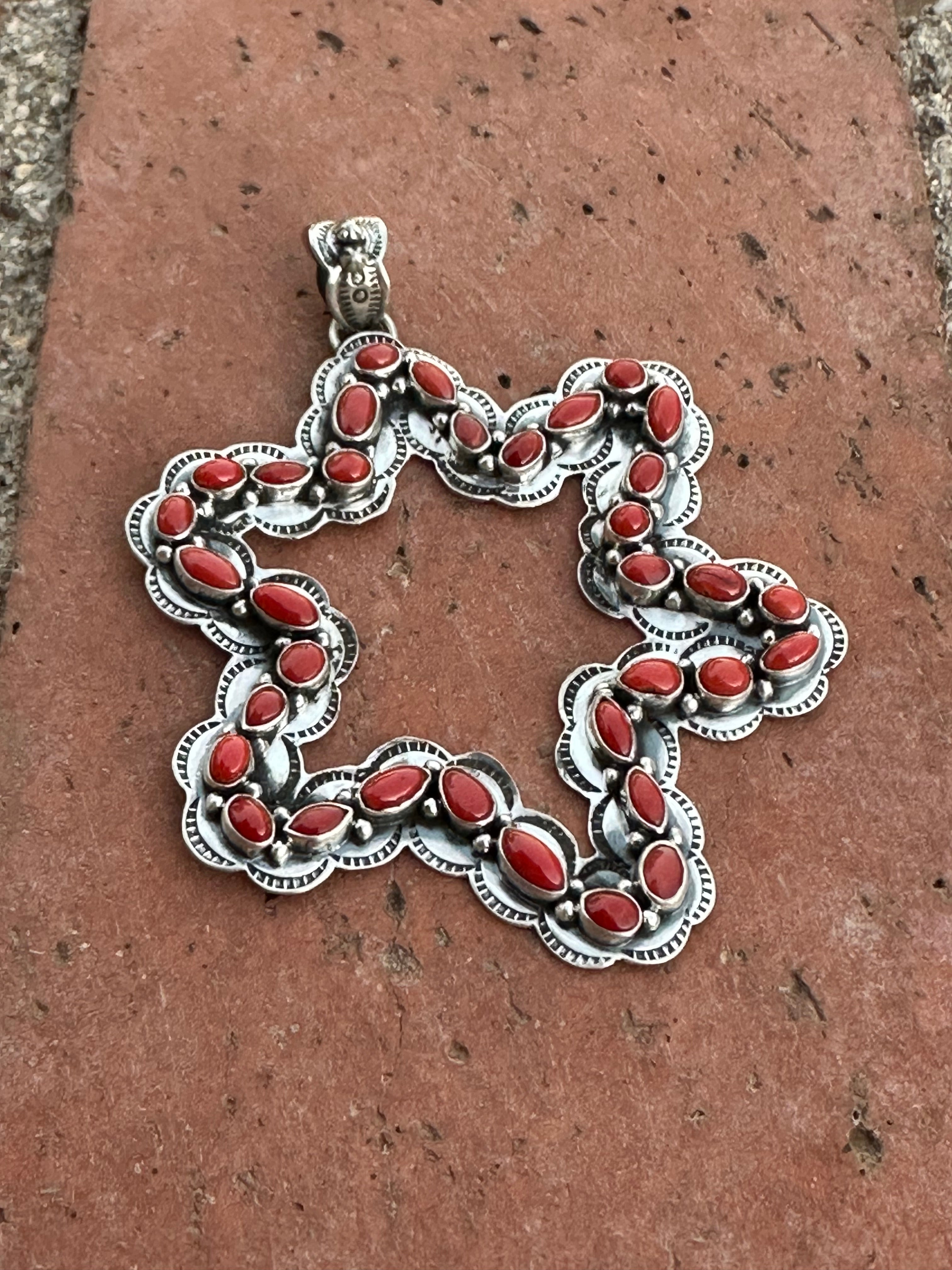 Handmade Sterling Silver & Coral Christmas Star Pendant