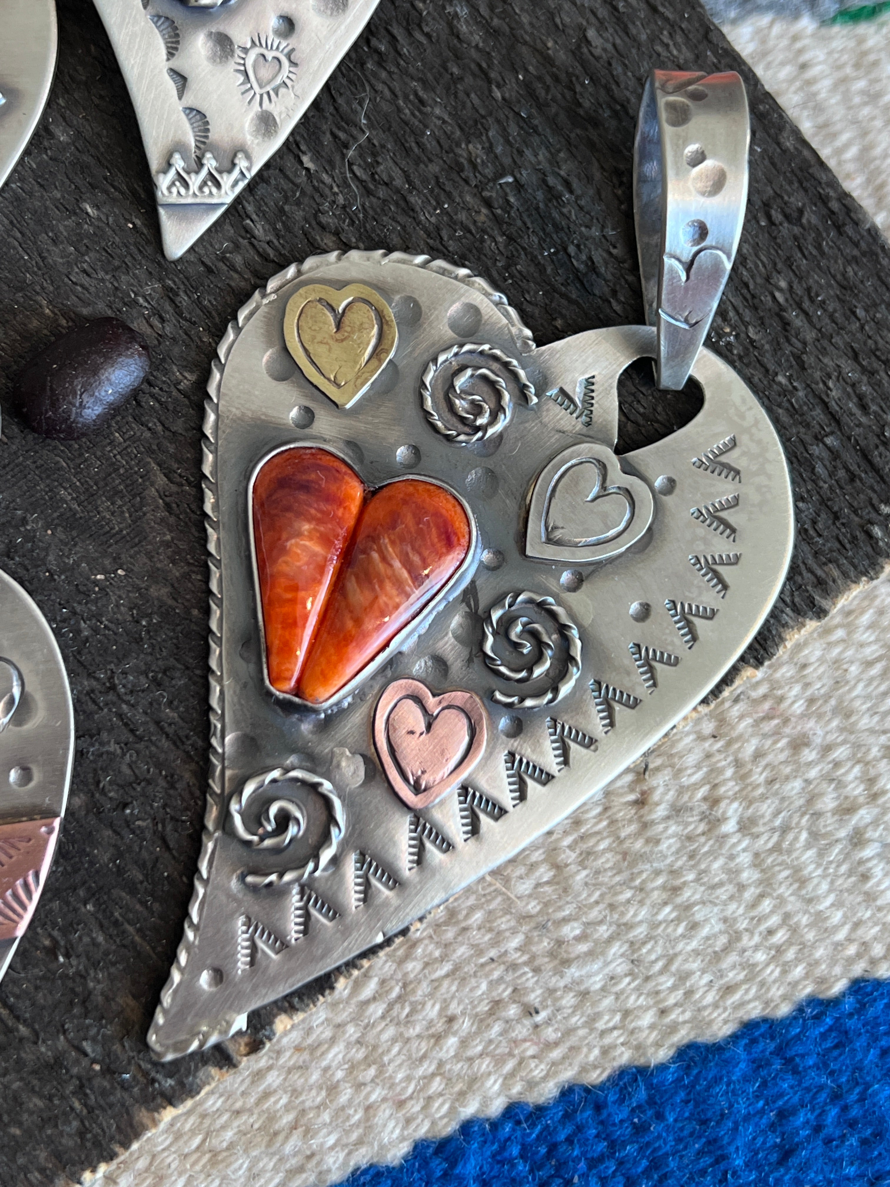 Kimari Somers Hand Stamped Sterling Silver, Brass, Copper & Spiny Oyster ‘Triple Shot’ Pendant