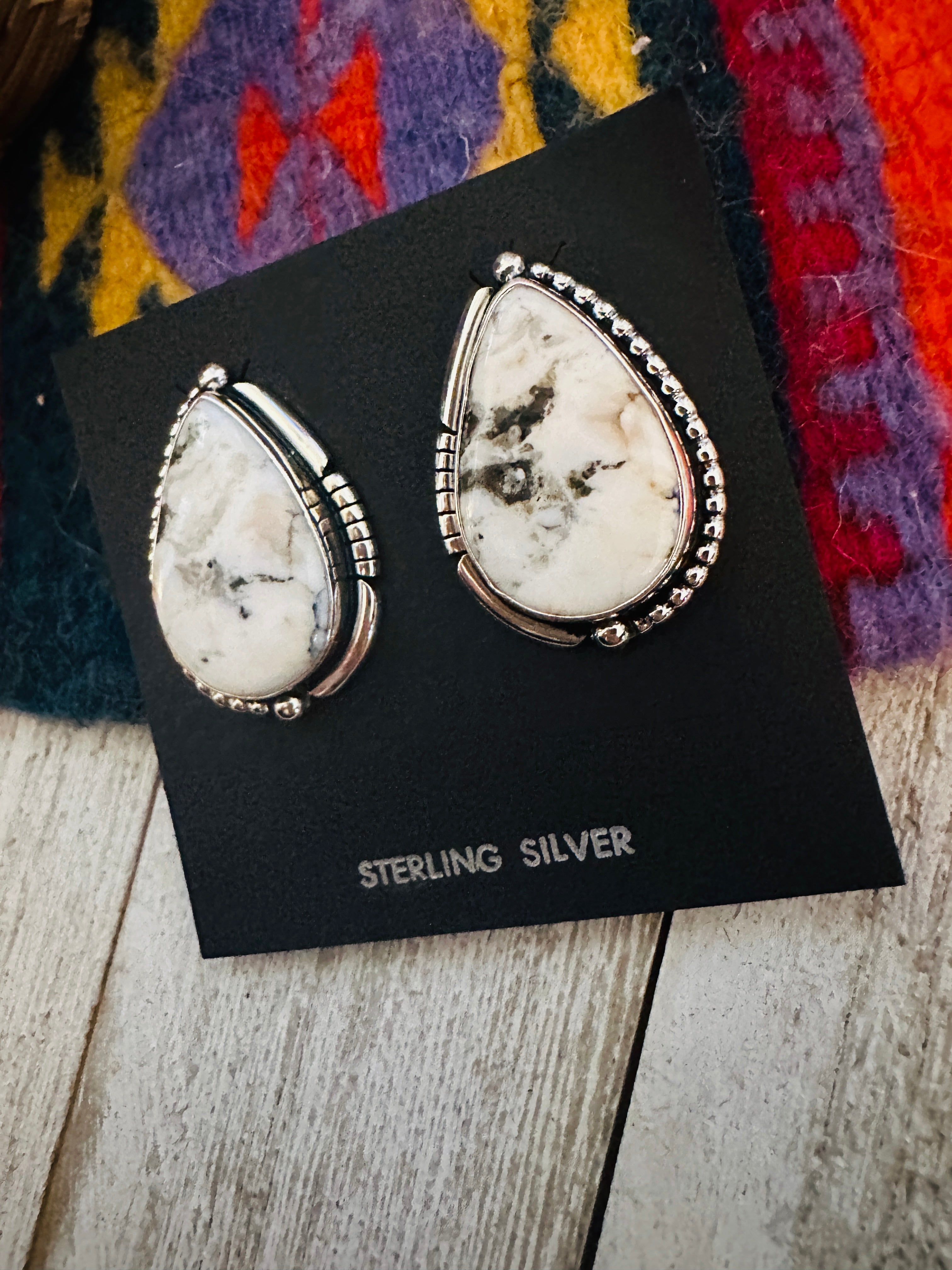 Navajo White Buffalo & Sterling Silver Post Earrings