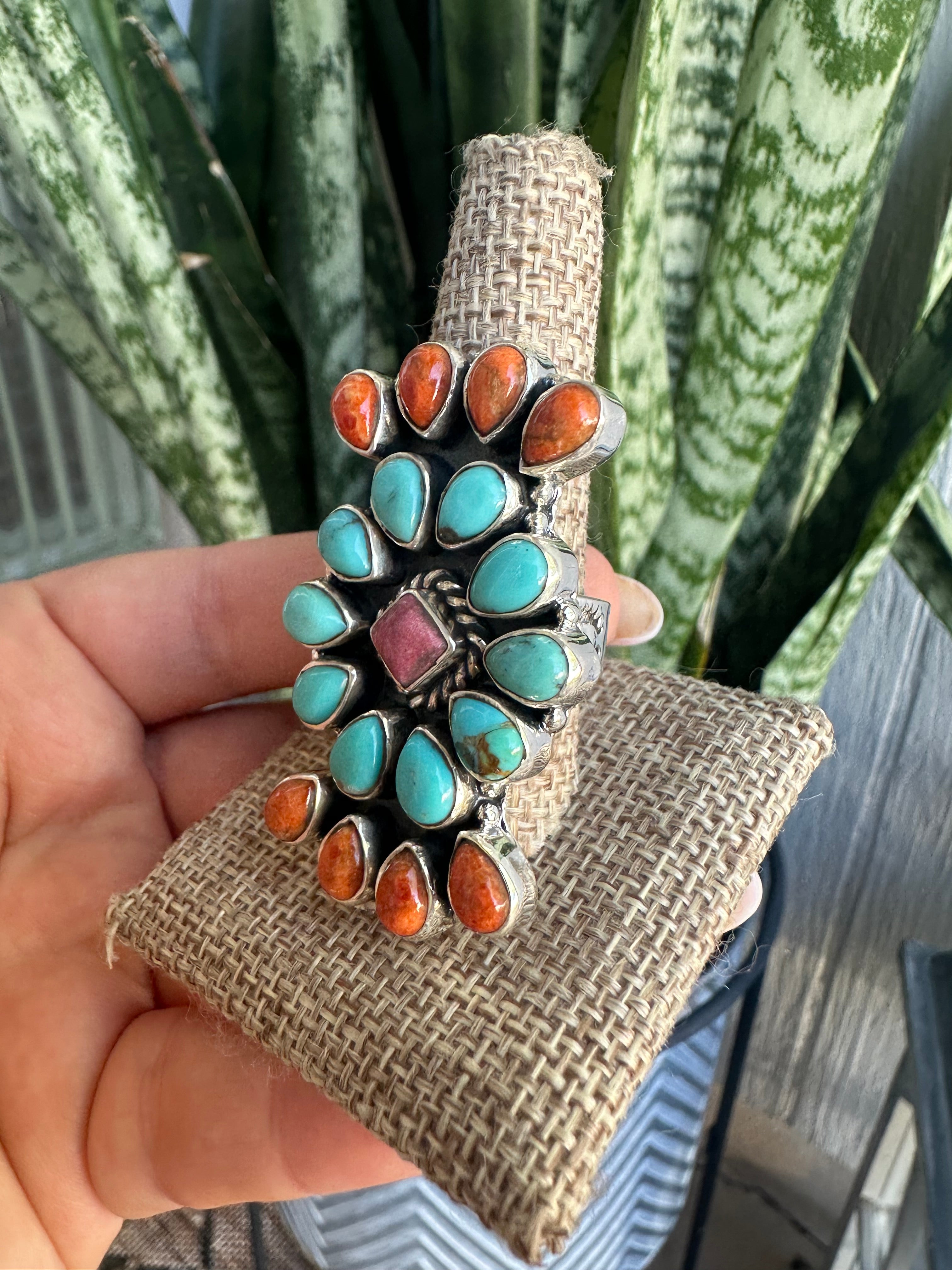 Beautiful Handmade Orange Mojave, Rhodonite, Turquoise And Sterling Silver Adjustable Ring