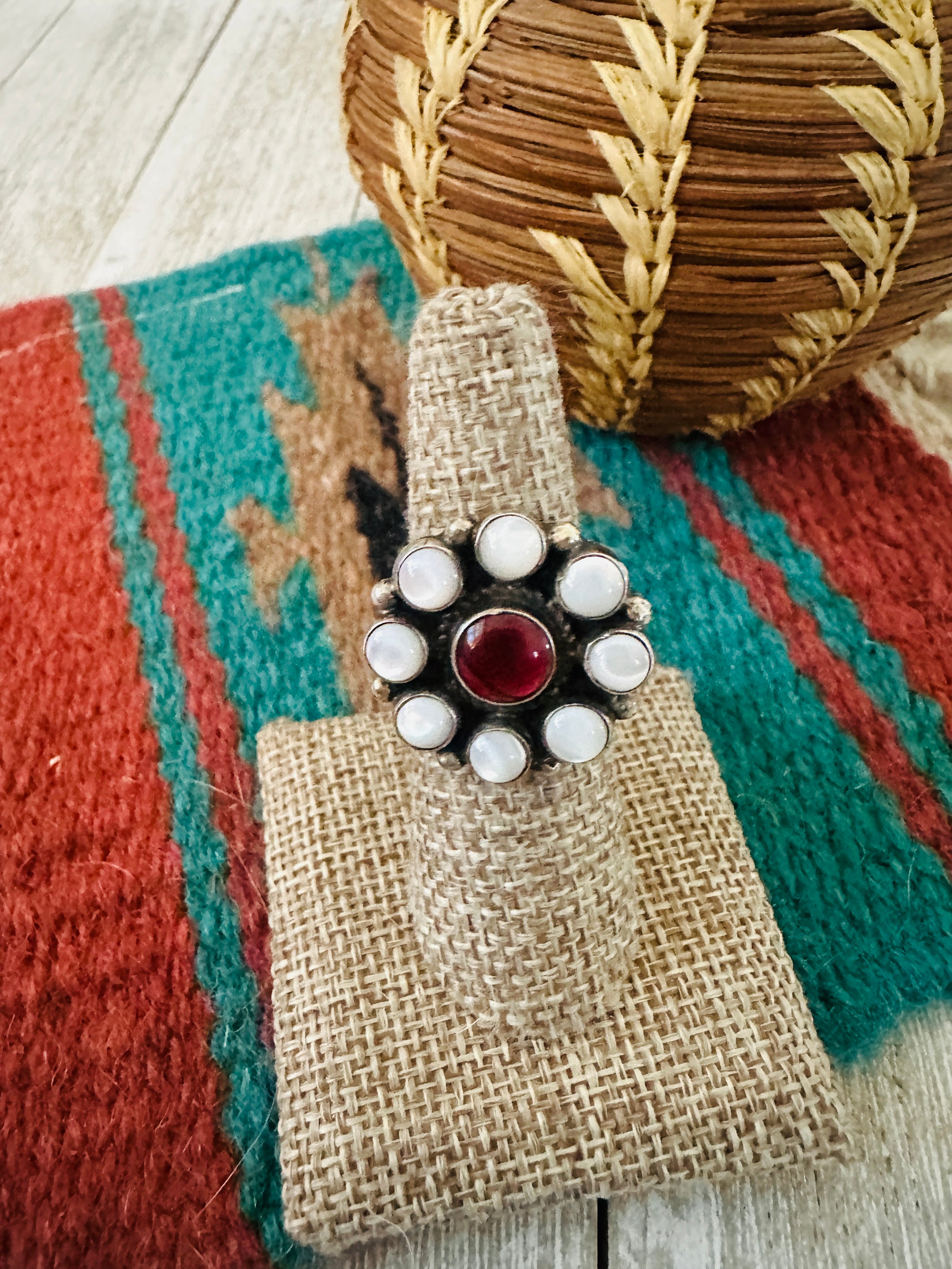 Handcrafted Sterling Silver, Mother of Pearl and Garnet Cluster Adjustable Ring