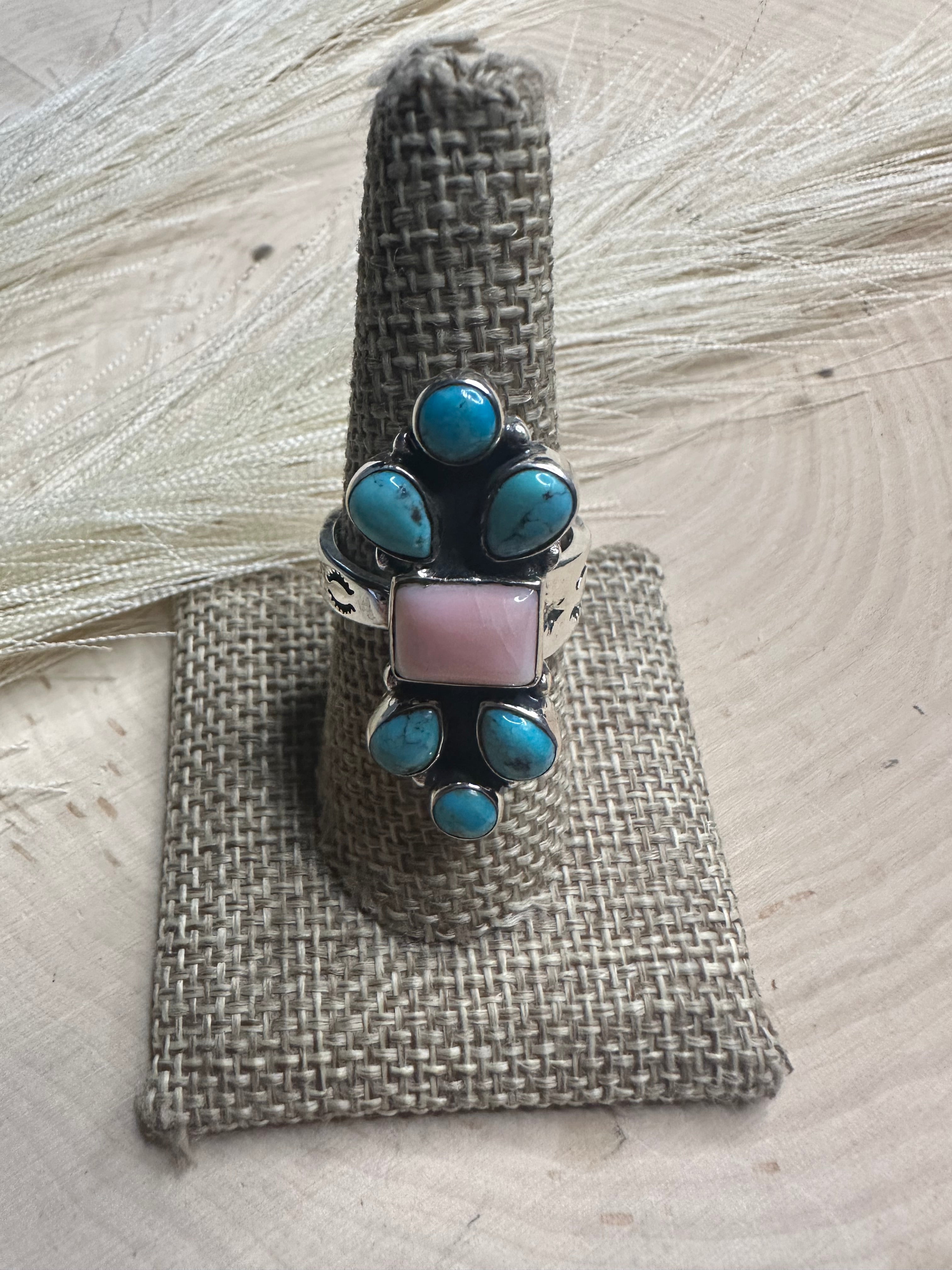 Beautiful Handmade Turquoise, Pink Conch And Sterling Silver Adjustable Ring 2