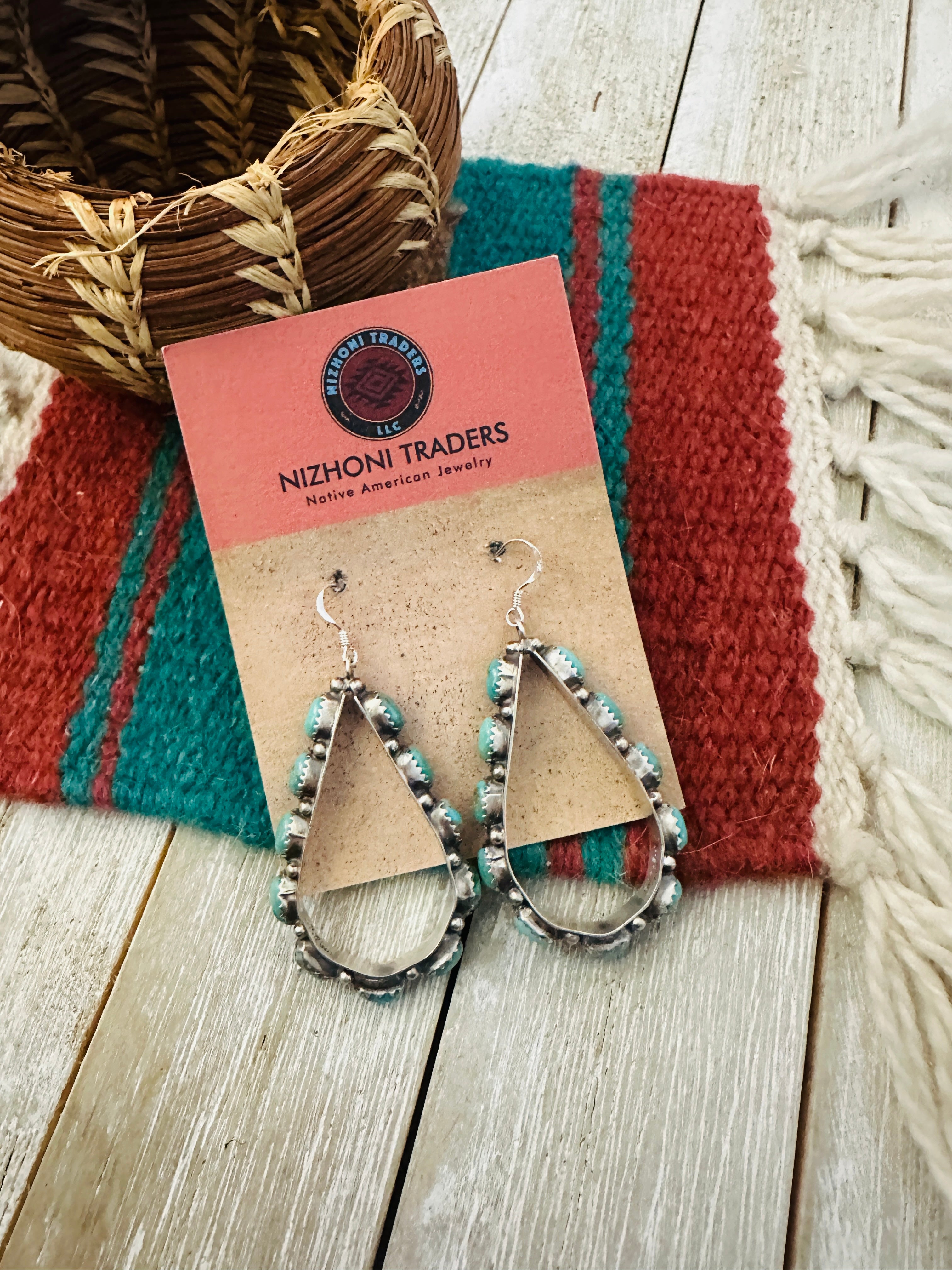 Handcrafted Turquoise & Sterling Silver Dangle Hoop Earrings