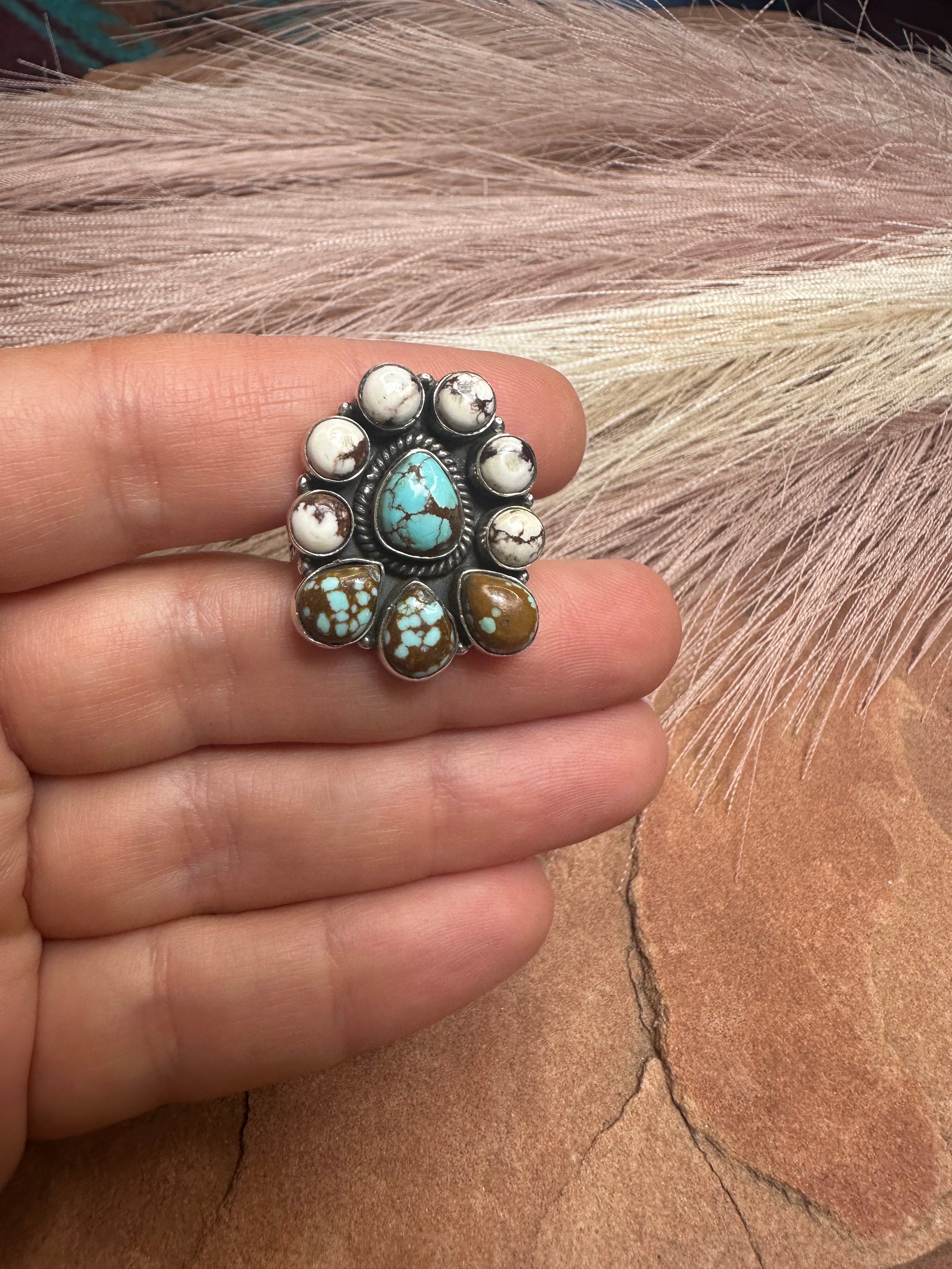 Beautiful Handmade Number 8 Turquoise, Wild Horse And Sterling Silver Adjustable Ring